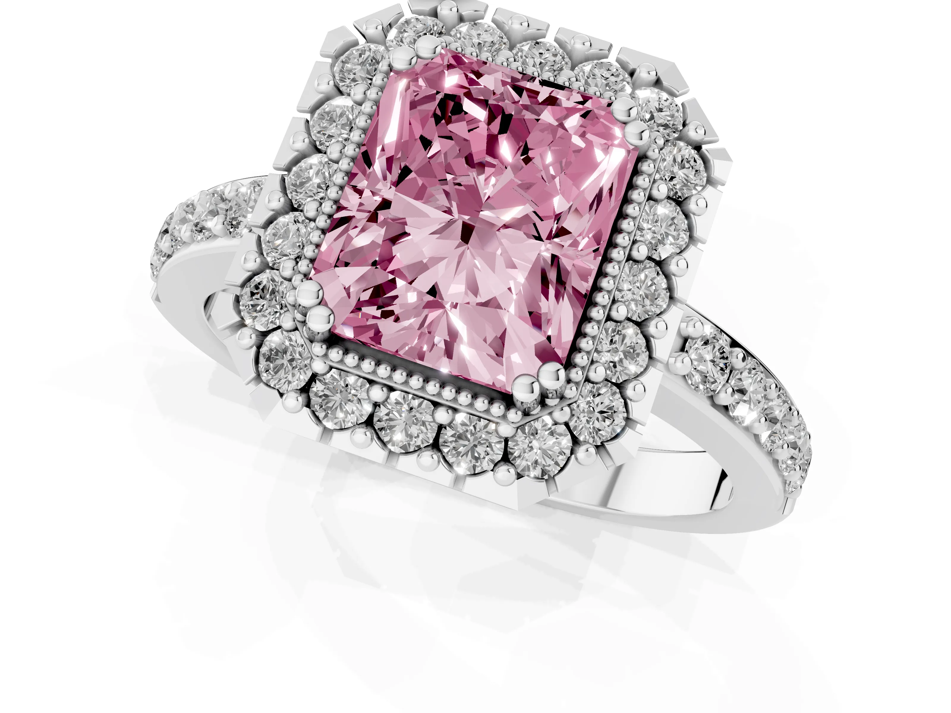 Fancy Pink Radiant Cut Diamond Halo Ring Set in White gold with Pavé Shank and Prong Setting