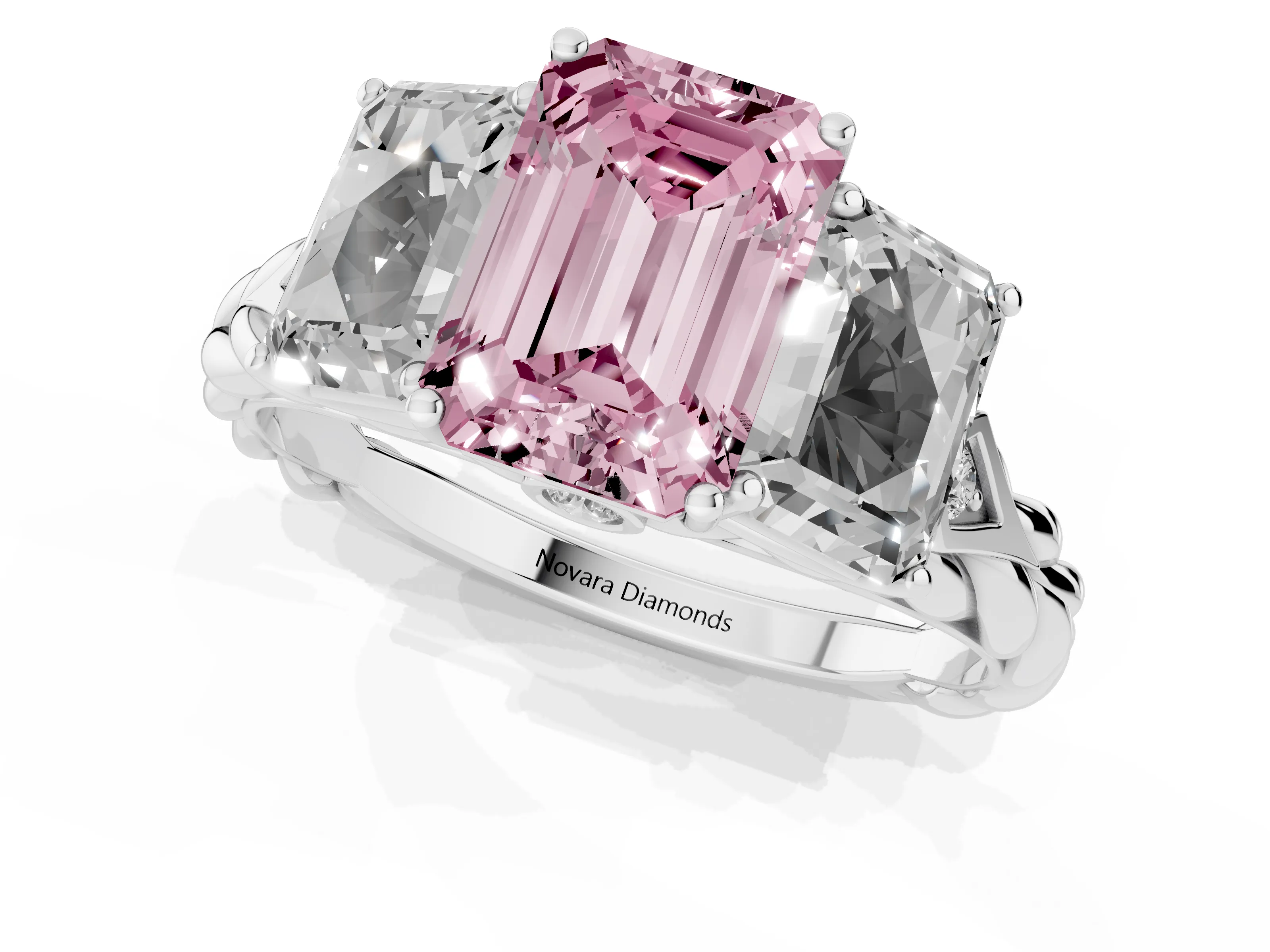 Fancy Pink Radiant Cut Diamond Three-Stone Ring Set in Platinum with Braided Band