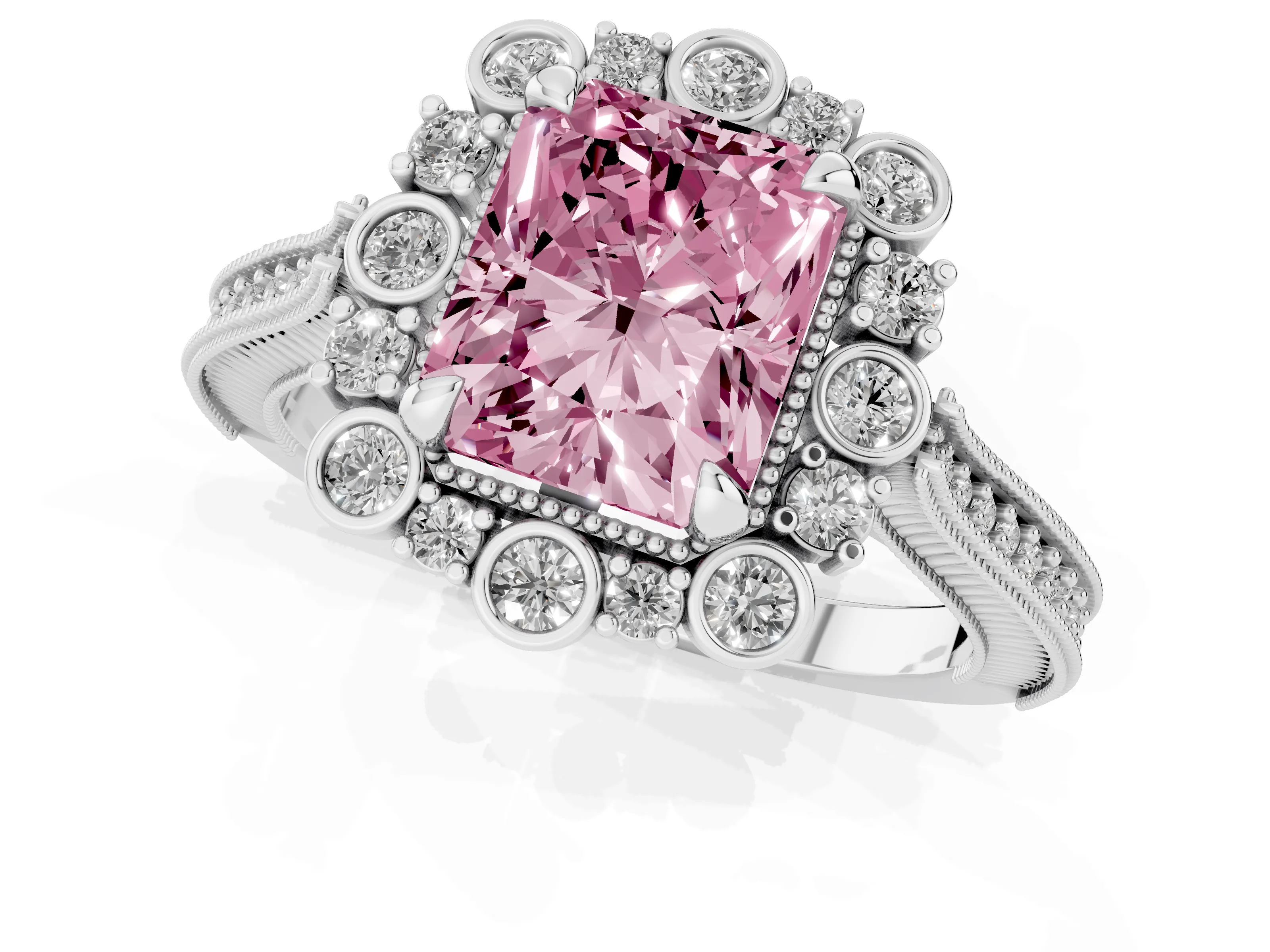 Fancy Pink Radiant Cut Diamond Halo Milgrain Pavé Ring Set in Platinum with Prong Setting
