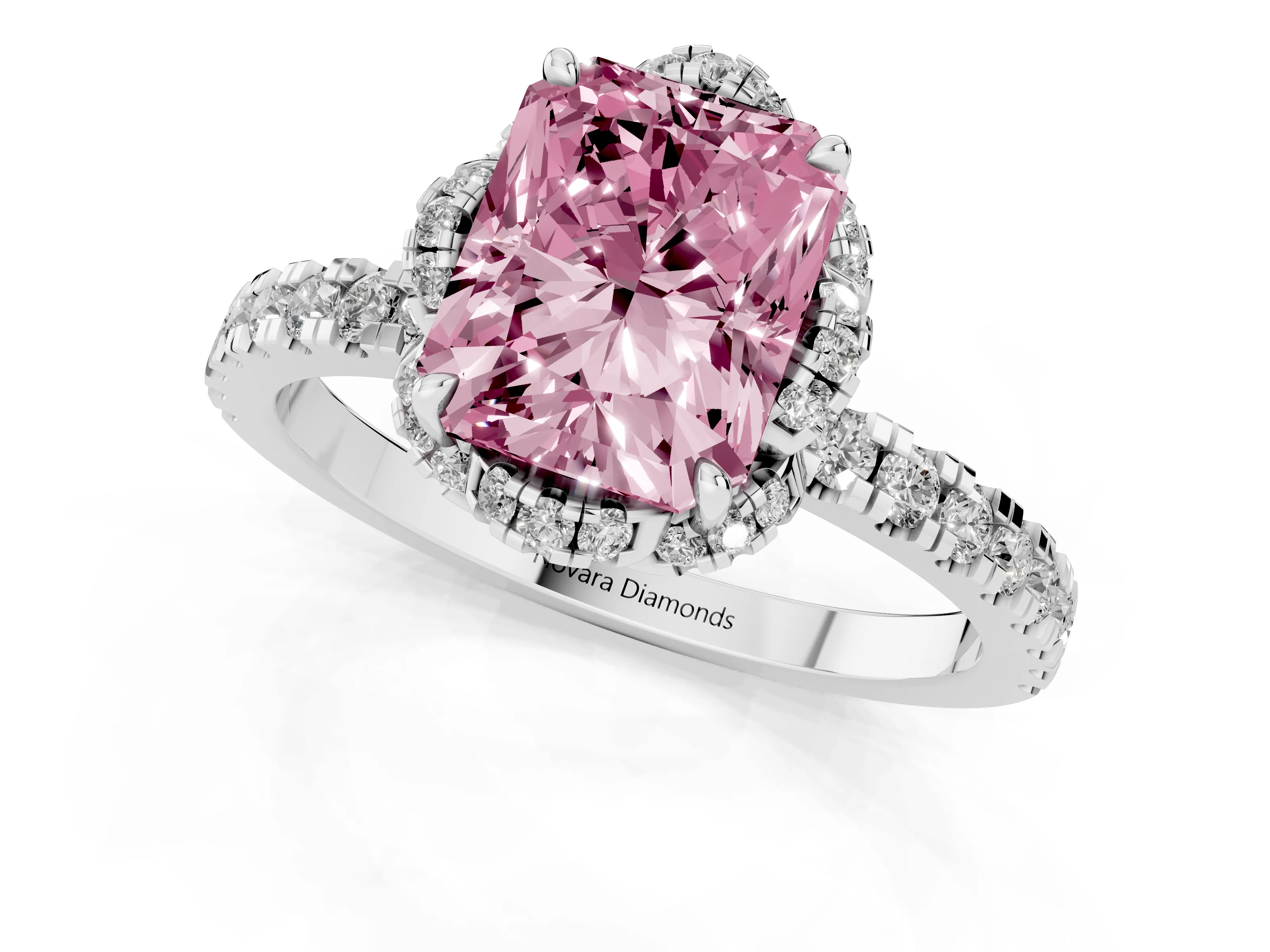 Fancy Pink Radiant Cut Diamond Halo Pavé Band Ring Set in White gold with Prong-Held Center