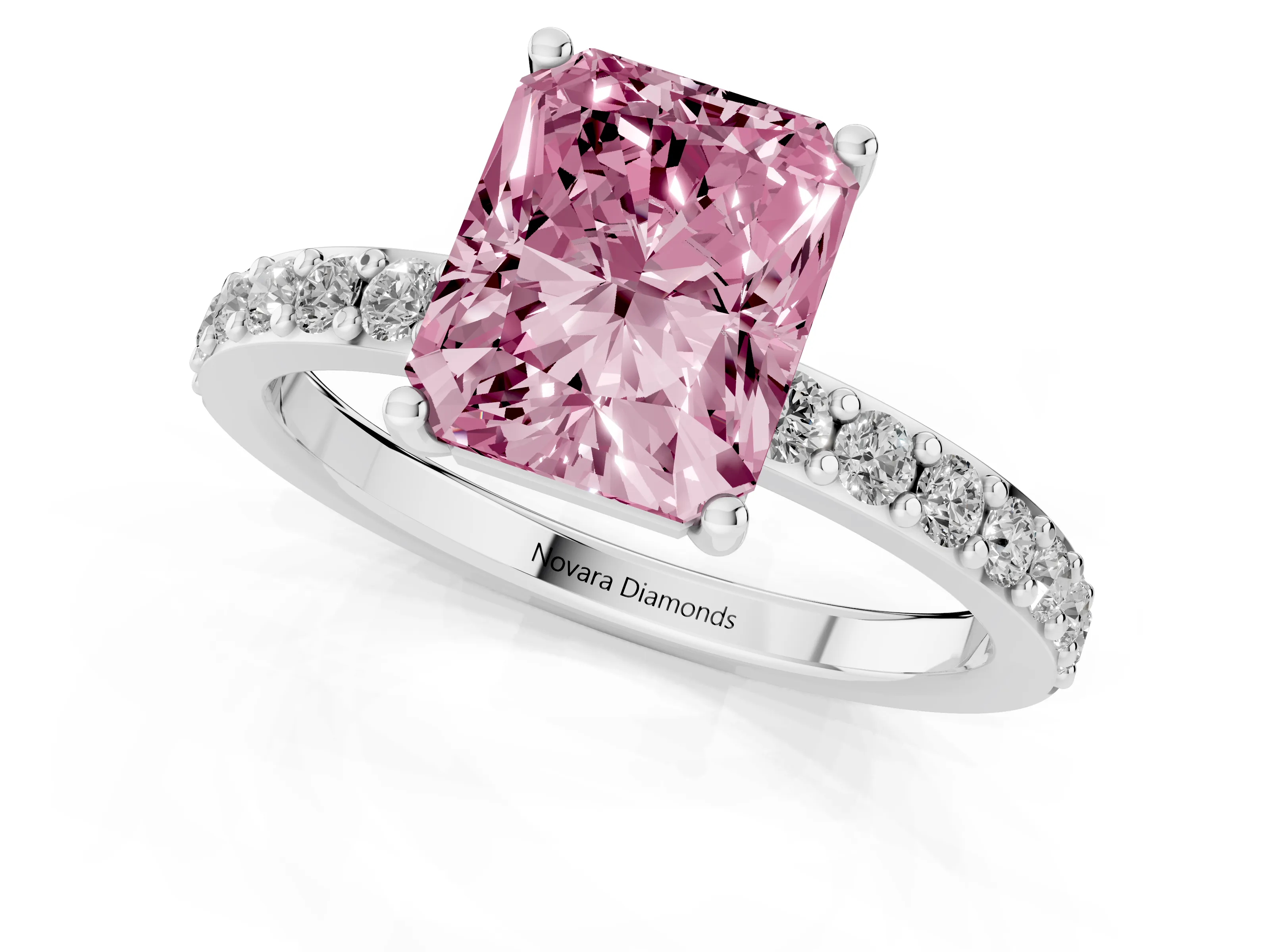 Fancy Pink Radiant Cut Diamond Solitaire Set in White gold with Round Pavé Band and Prong Setting