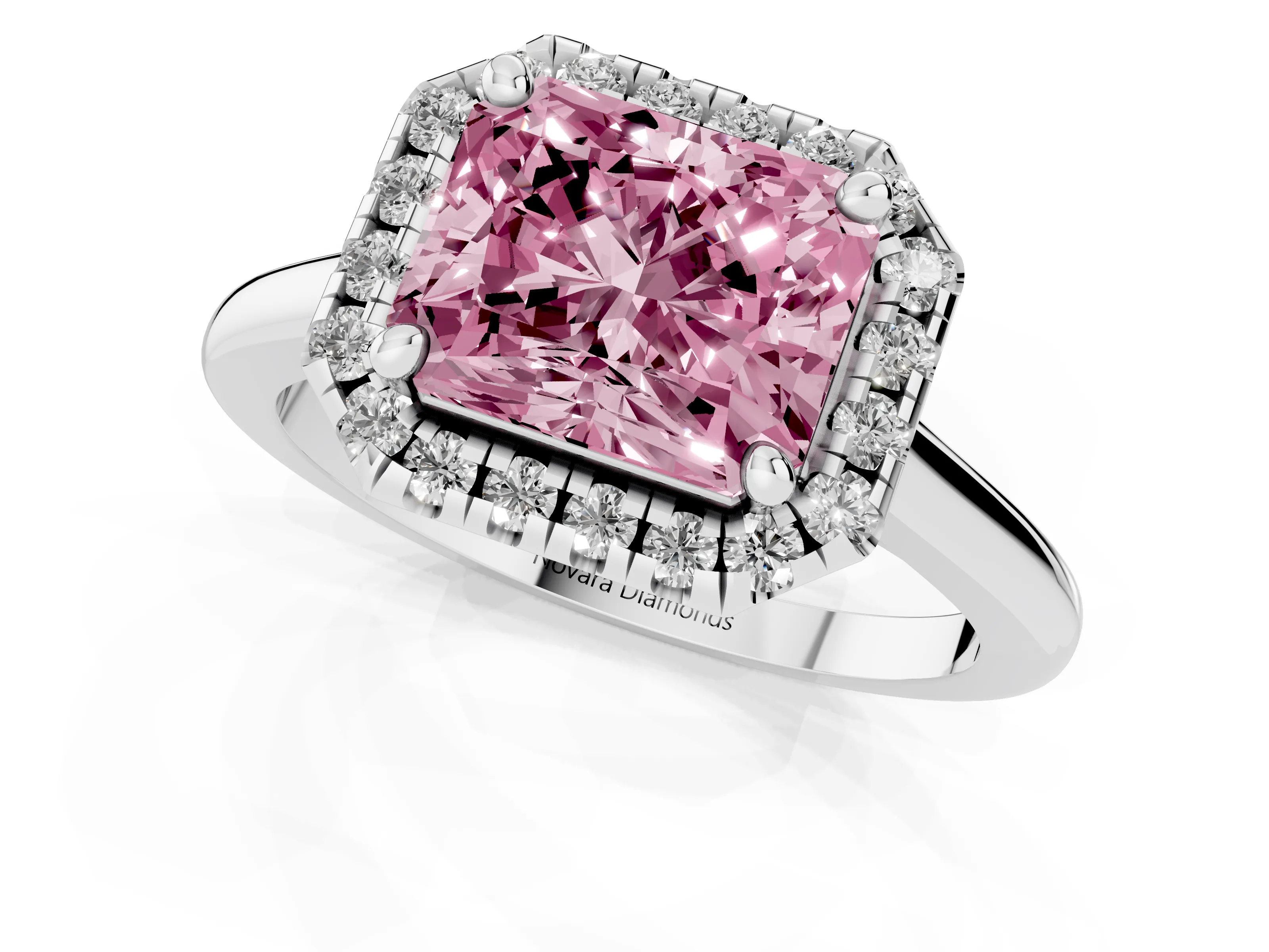 Fancy Pink Radiant Cut Diamond Halo Engagement Ring Set in White gold with Pavé Band and Rising Shoulders