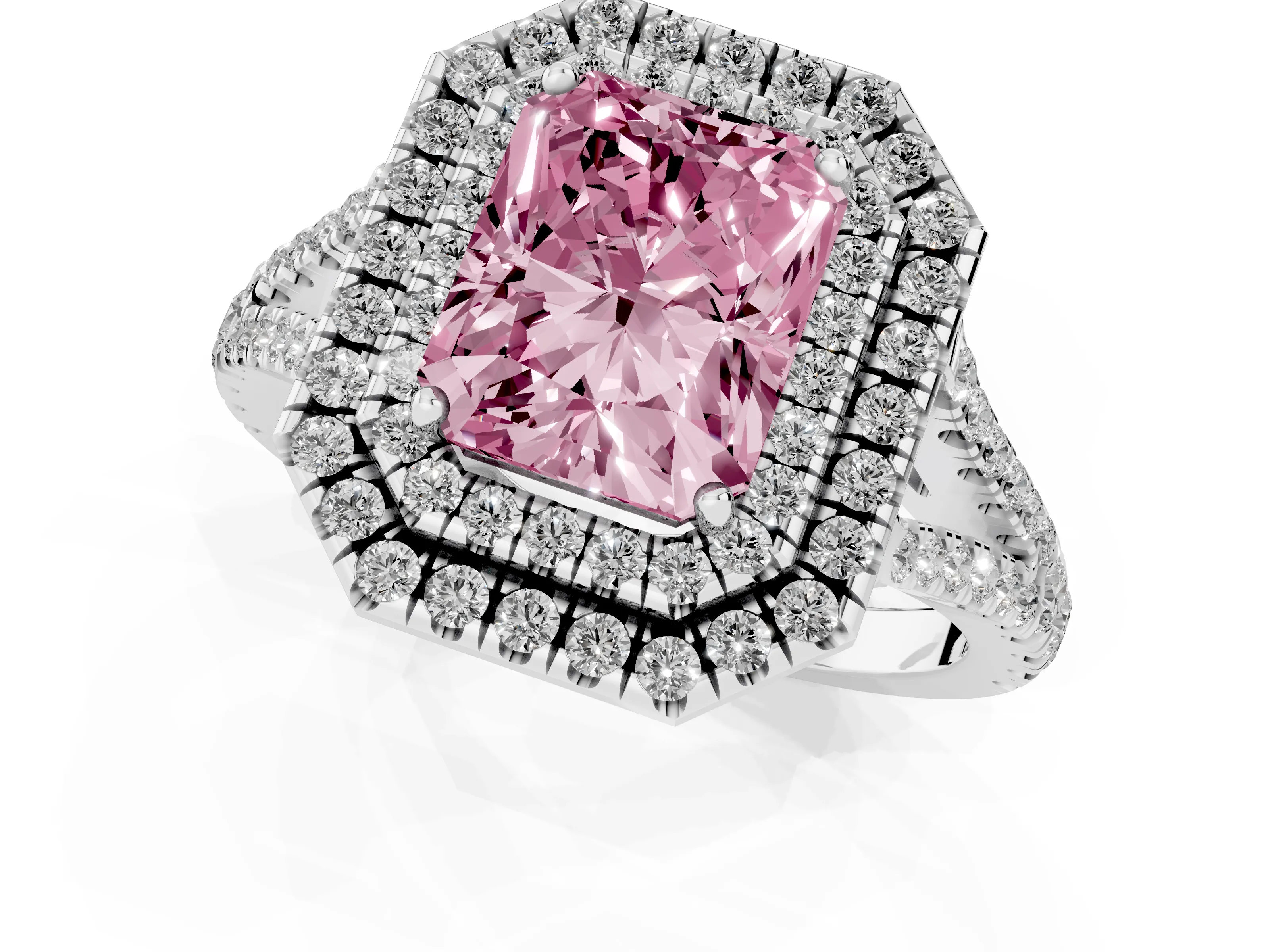 Fancy Pink Radiant Cut Diamond Double Halo Ring Set in White gold with Pavé Band