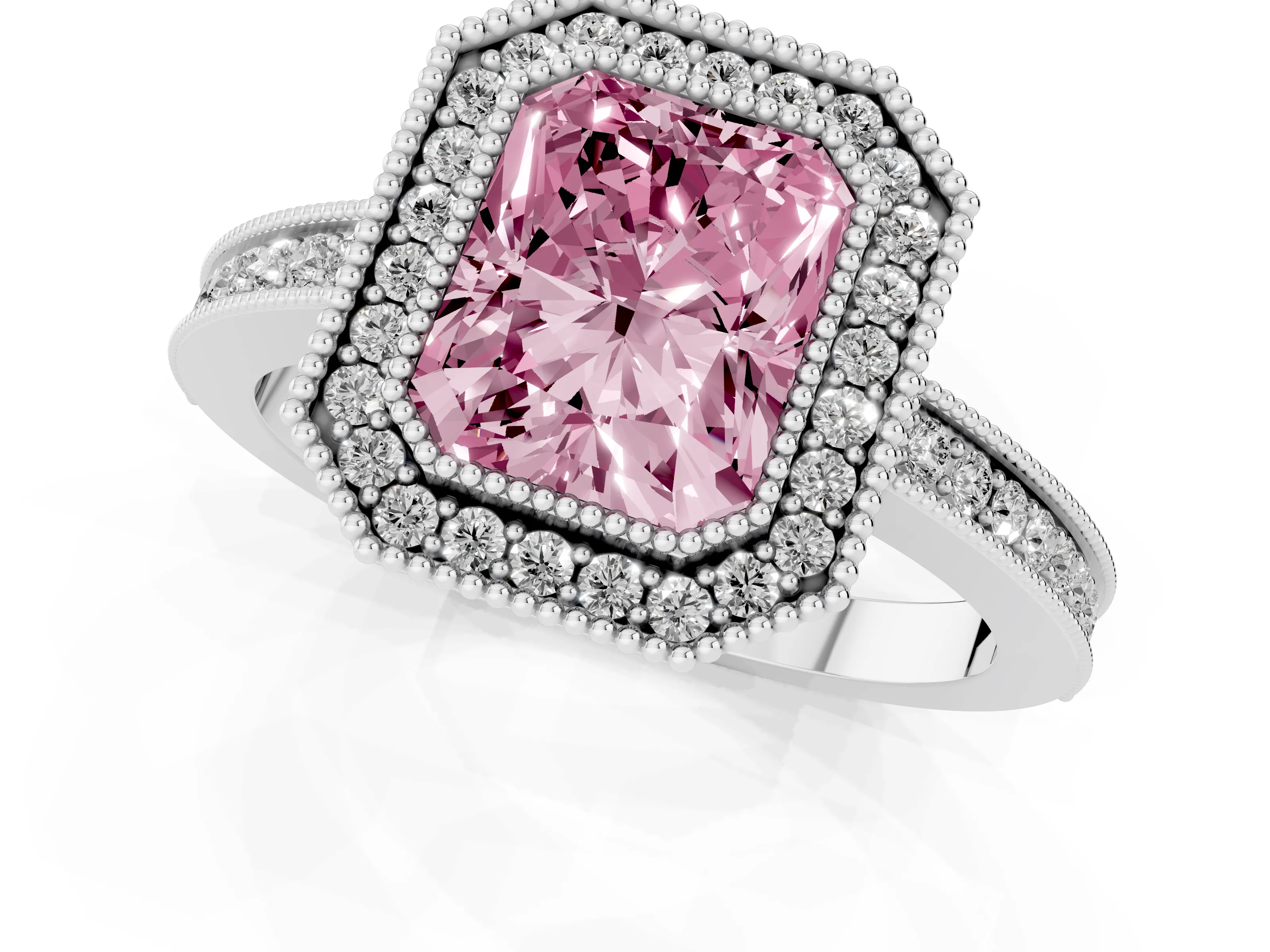 Fancy Pink Radiant Cut Diamond Halo Ring Set in White gold with Pavé Band and Milgrain-Edged Prongs