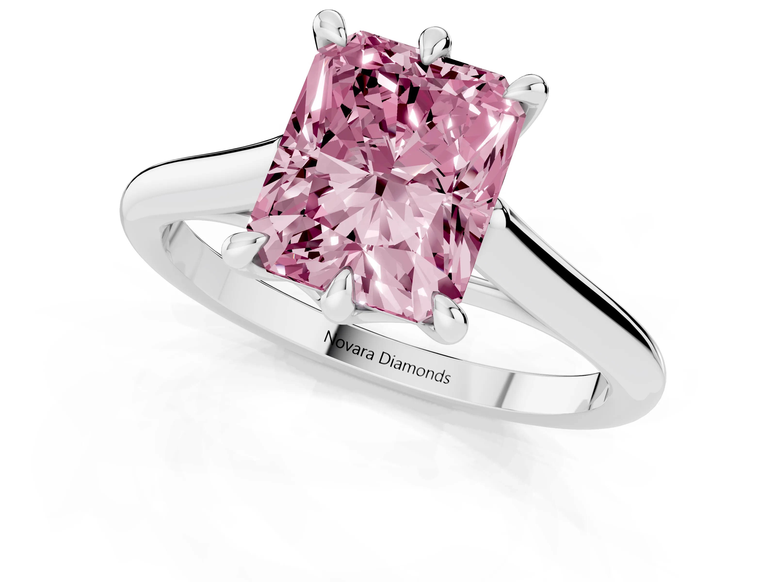 Fancy Pink Radiant Cut Diamond Solitaire Engagement Ring Set in Silver with Prong Setting and Plain Classic Band