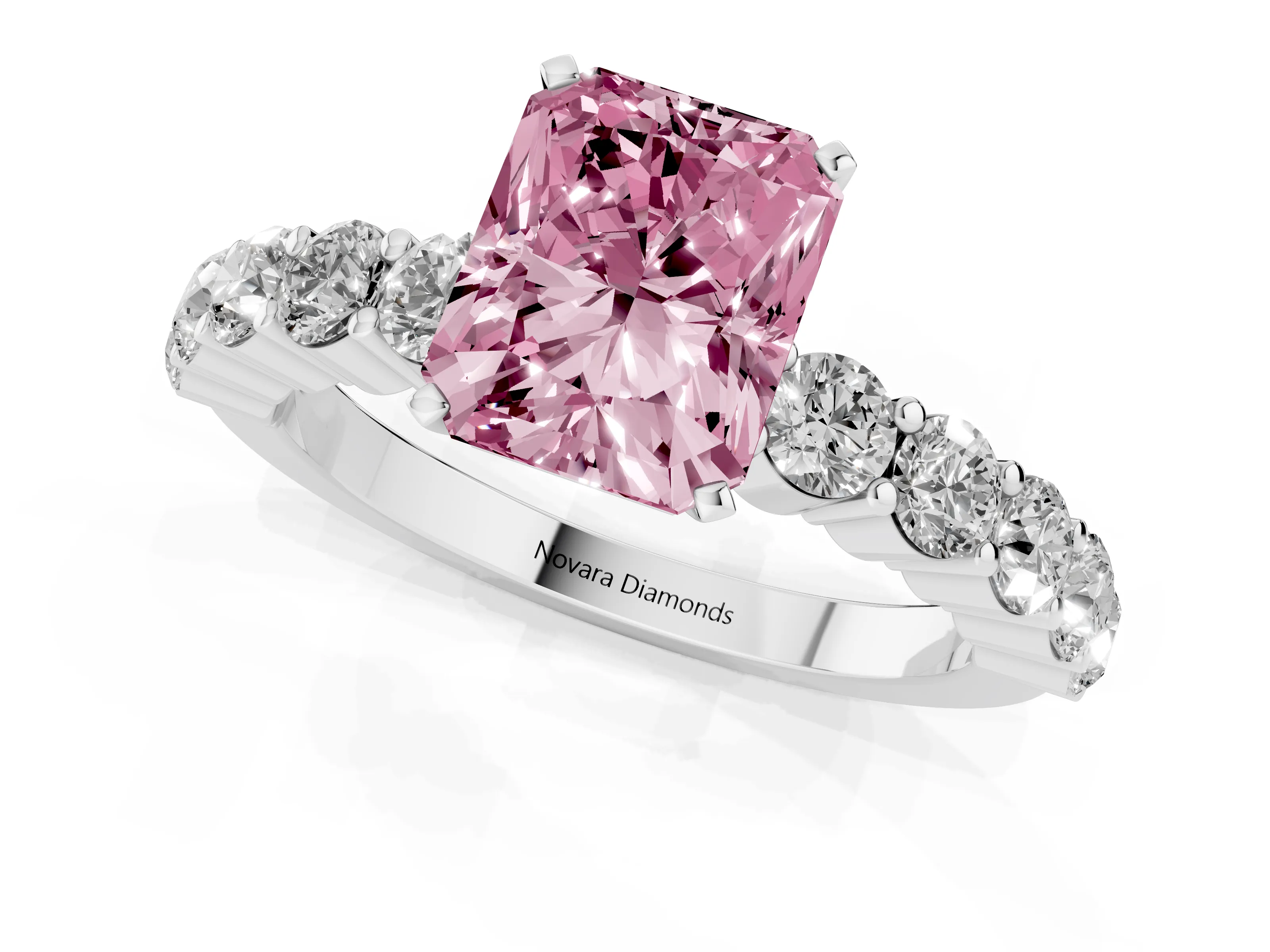 Fancy Pink Radiant Cut Diamond Solitaire Ring Set in Silver with Shared Prong Round Side Stones
