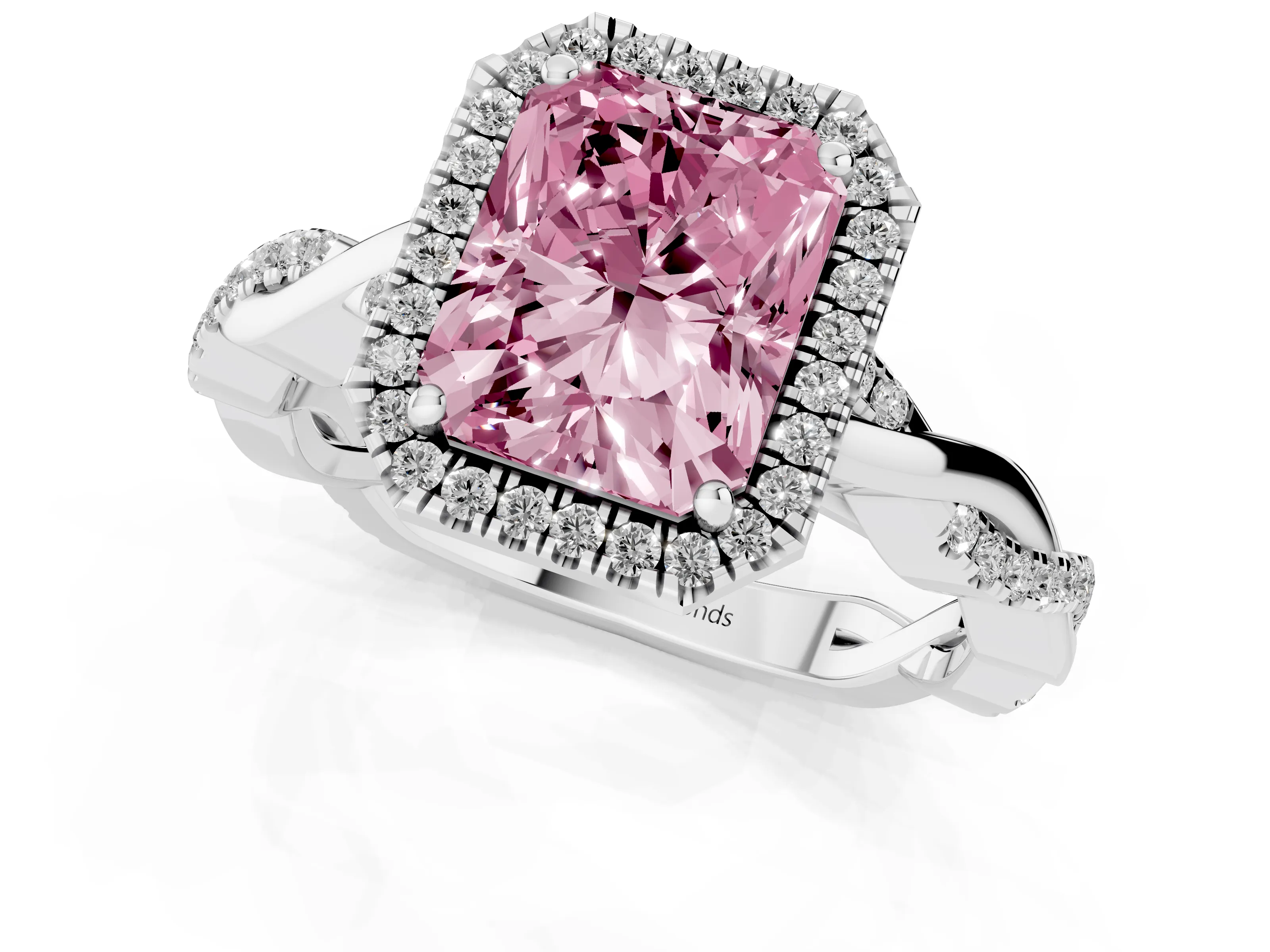 Fancy Pink Radiant Cut Diamond Halo Twisted Band Ring Set in Platinum with Prong Setting
