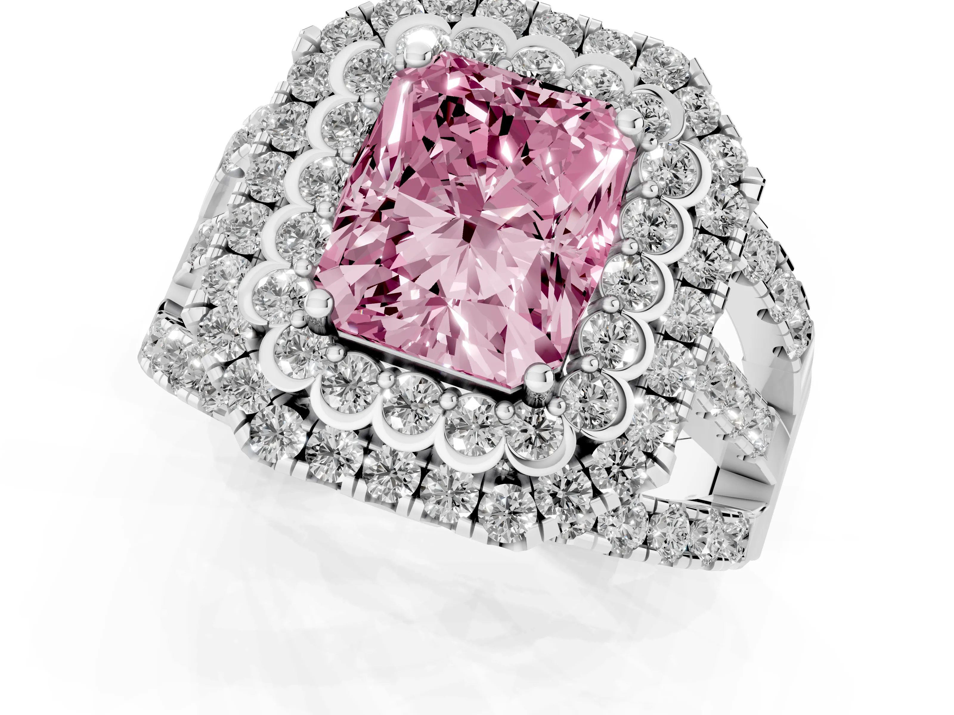 Fancy Pink Radiant Cut Diamond Double Halo Ring Set in White gold with Round Pavé Split Shank