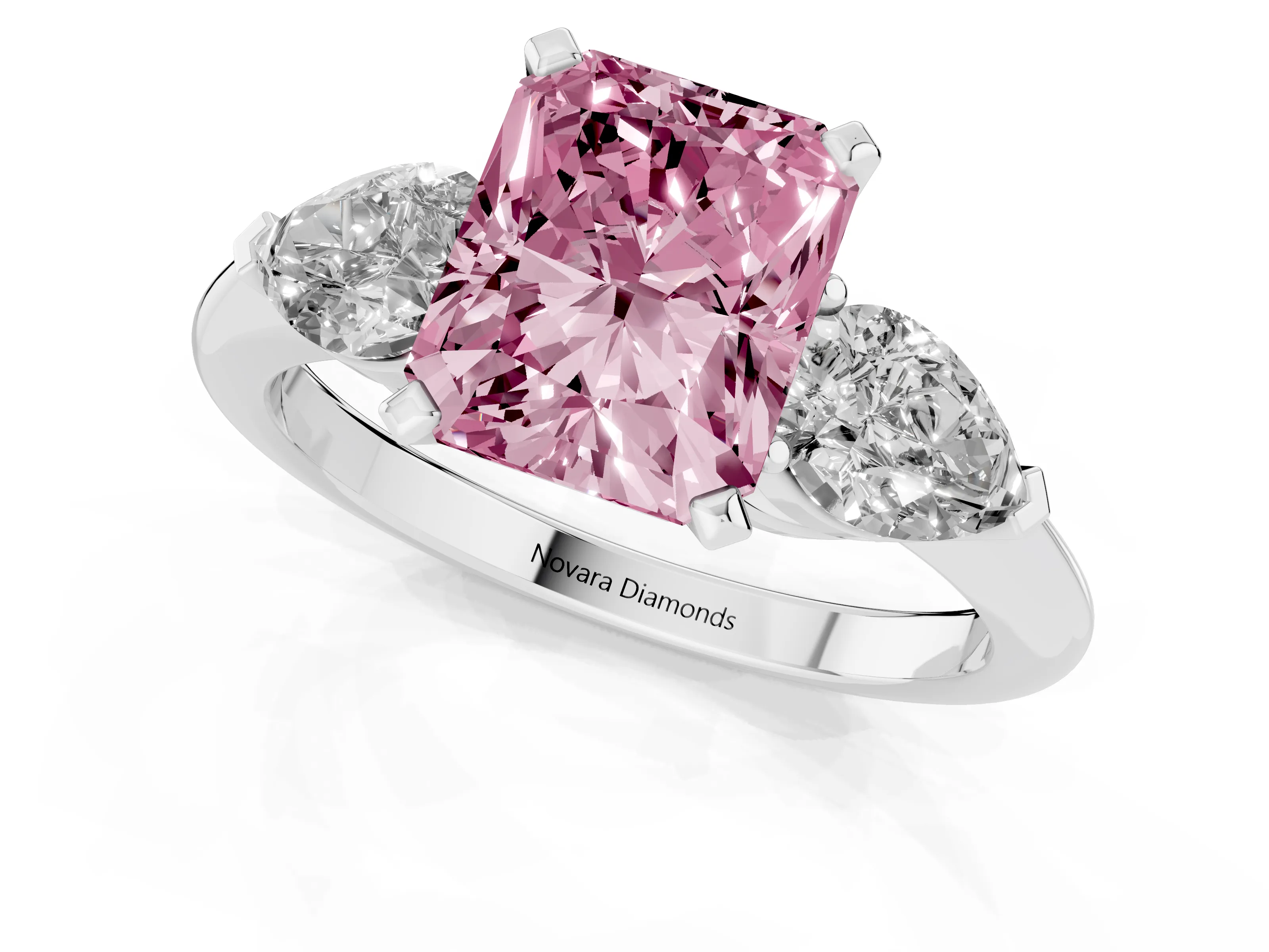 Fancy Pink Three-Stone Radiant Cut Diamond Ring Set in Silver with Pear Side Stones and Prong Setting