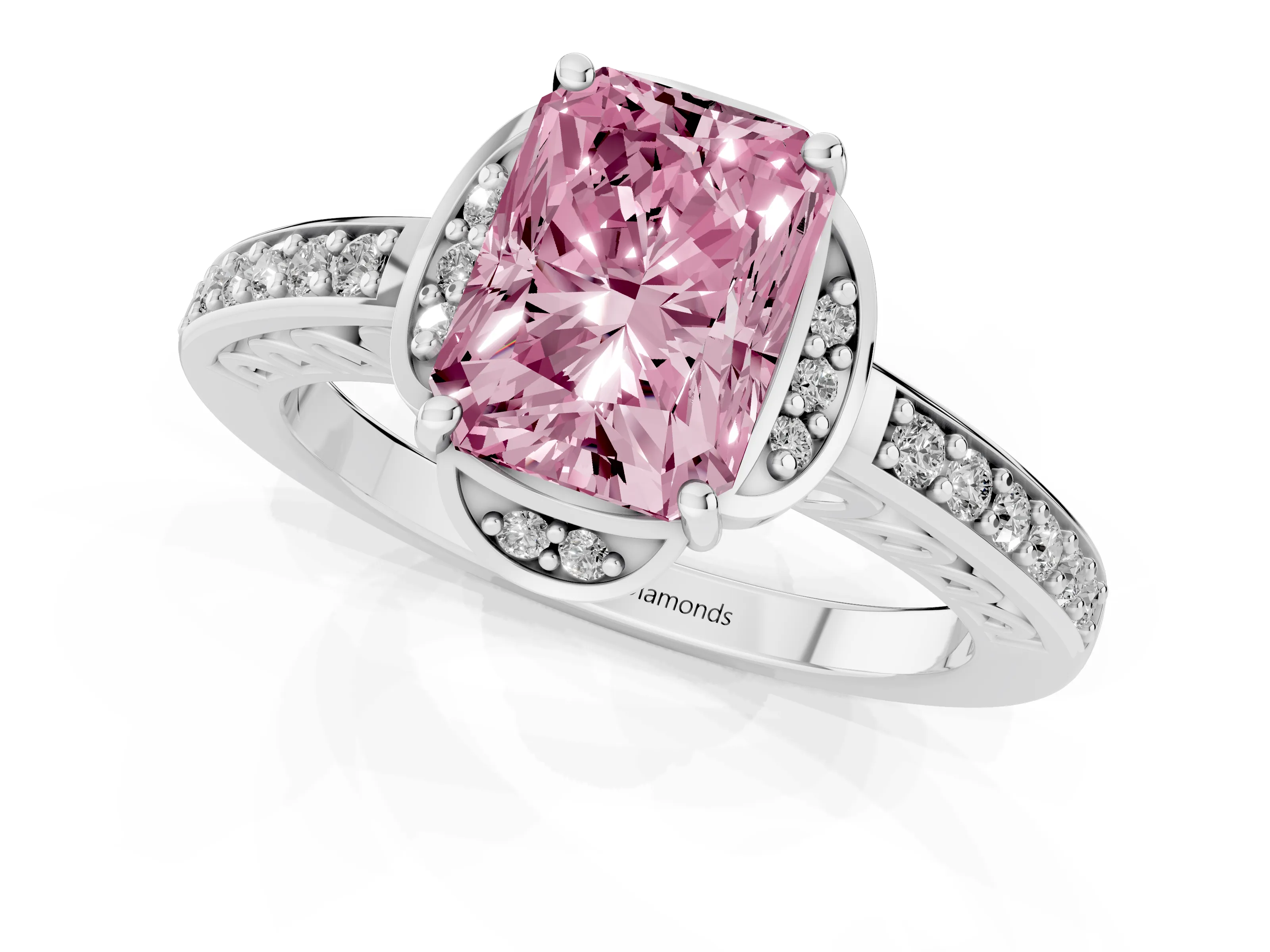 Fancy Pink Radiant Cut Diamond Halo Ring Set in Platinum with Channel Set Band and Prong Setting
