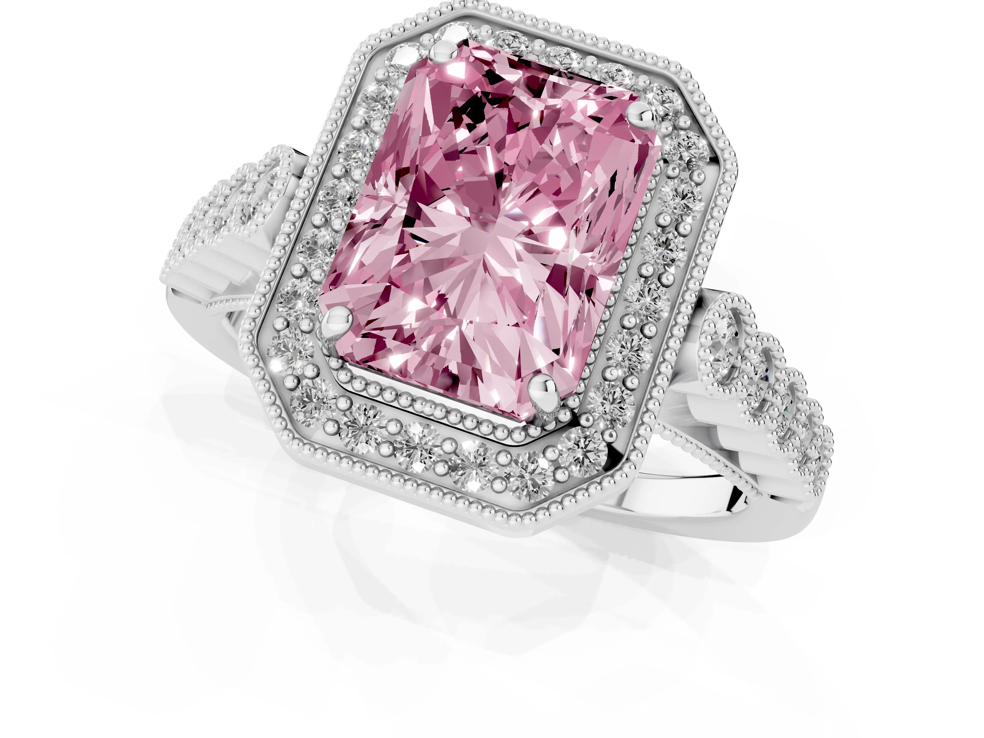 Fancy Pink Radiant Cut Diamond Milgrain Halo Solitaire Ring Set in White gold with Bezel Set Side Stones and Pavé Band