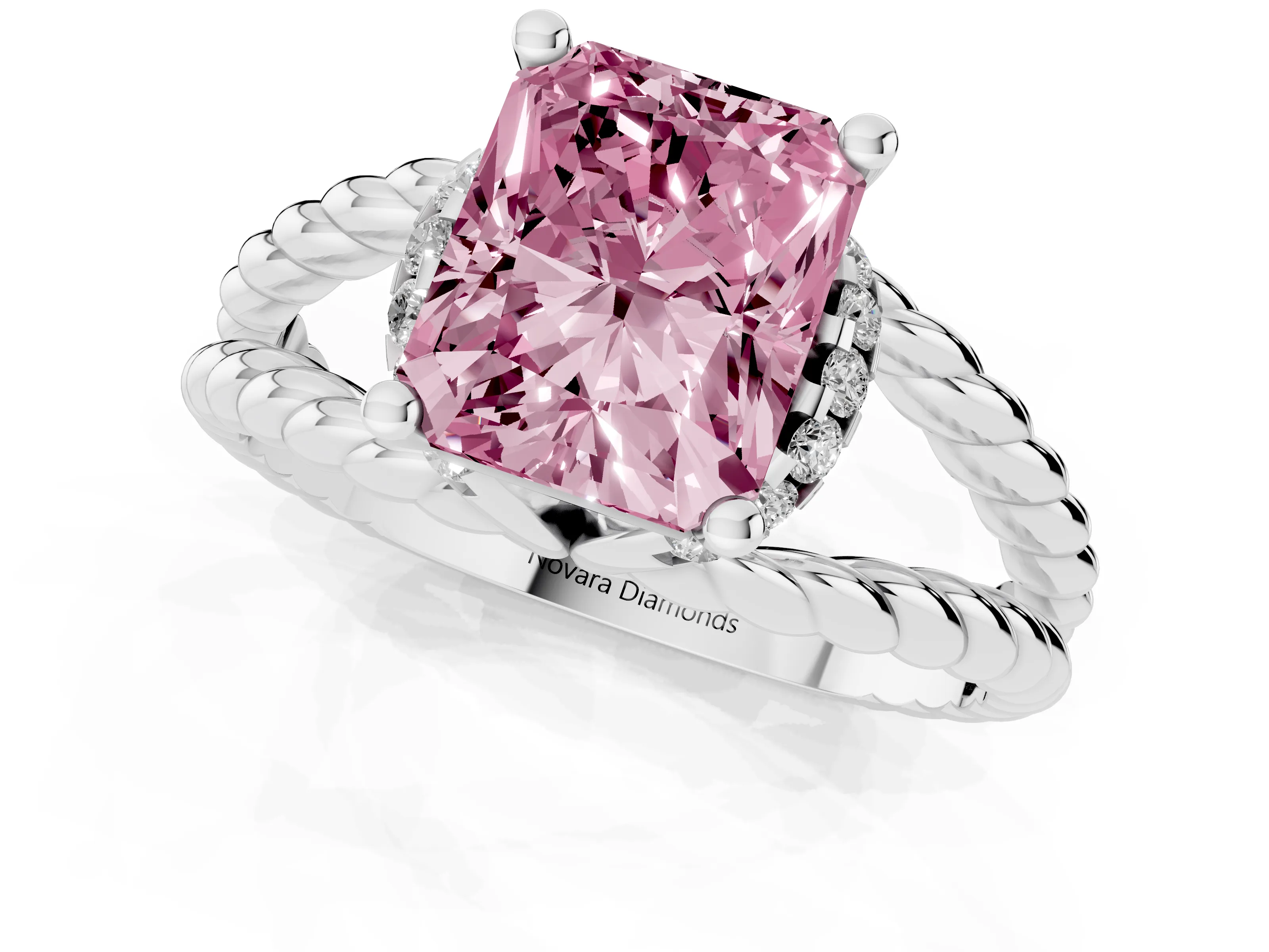 Fancy Pink Radiant Cut Diamond Halo Ring Set in White gold with Twisted Band and Prong Setting