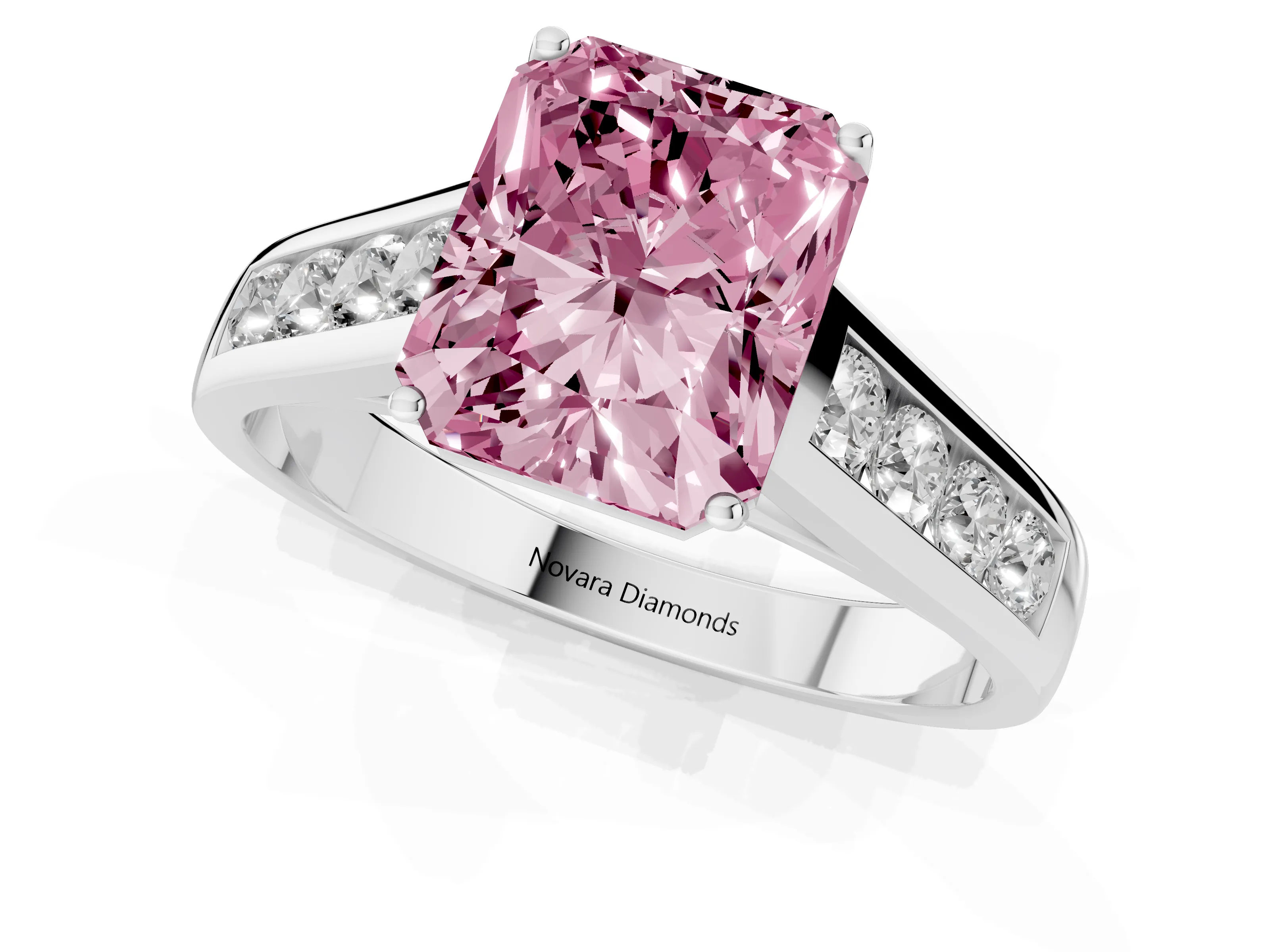 Fancy Pink Radiant Cut Diamond Brilliant Channel-Set Solitaire Ring Set in White gold with Prong Setting