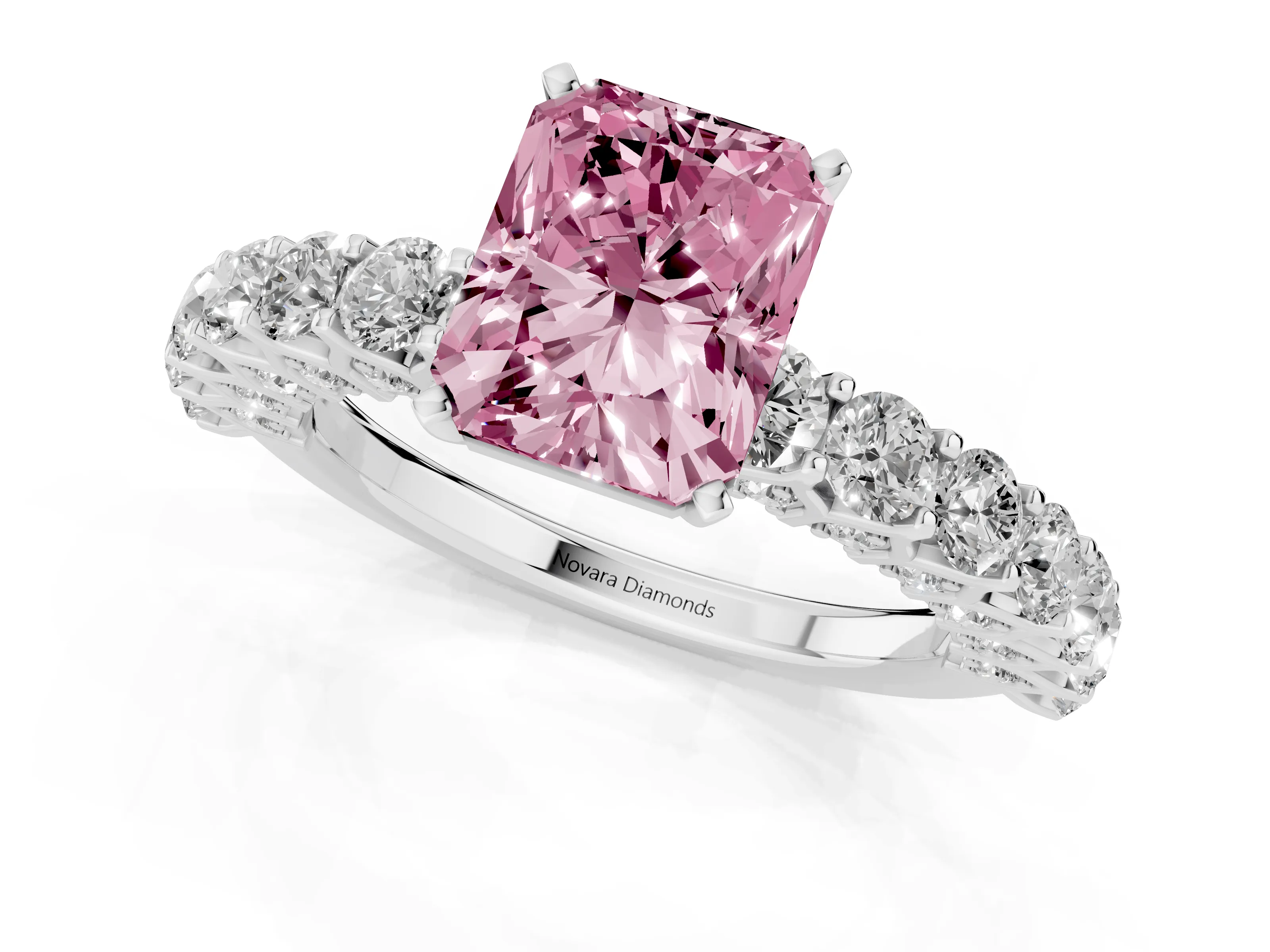 Fancy Pink Radiant Cut Diamond Solitaire Ring Set in Silver with Shared Prong Pavé Band