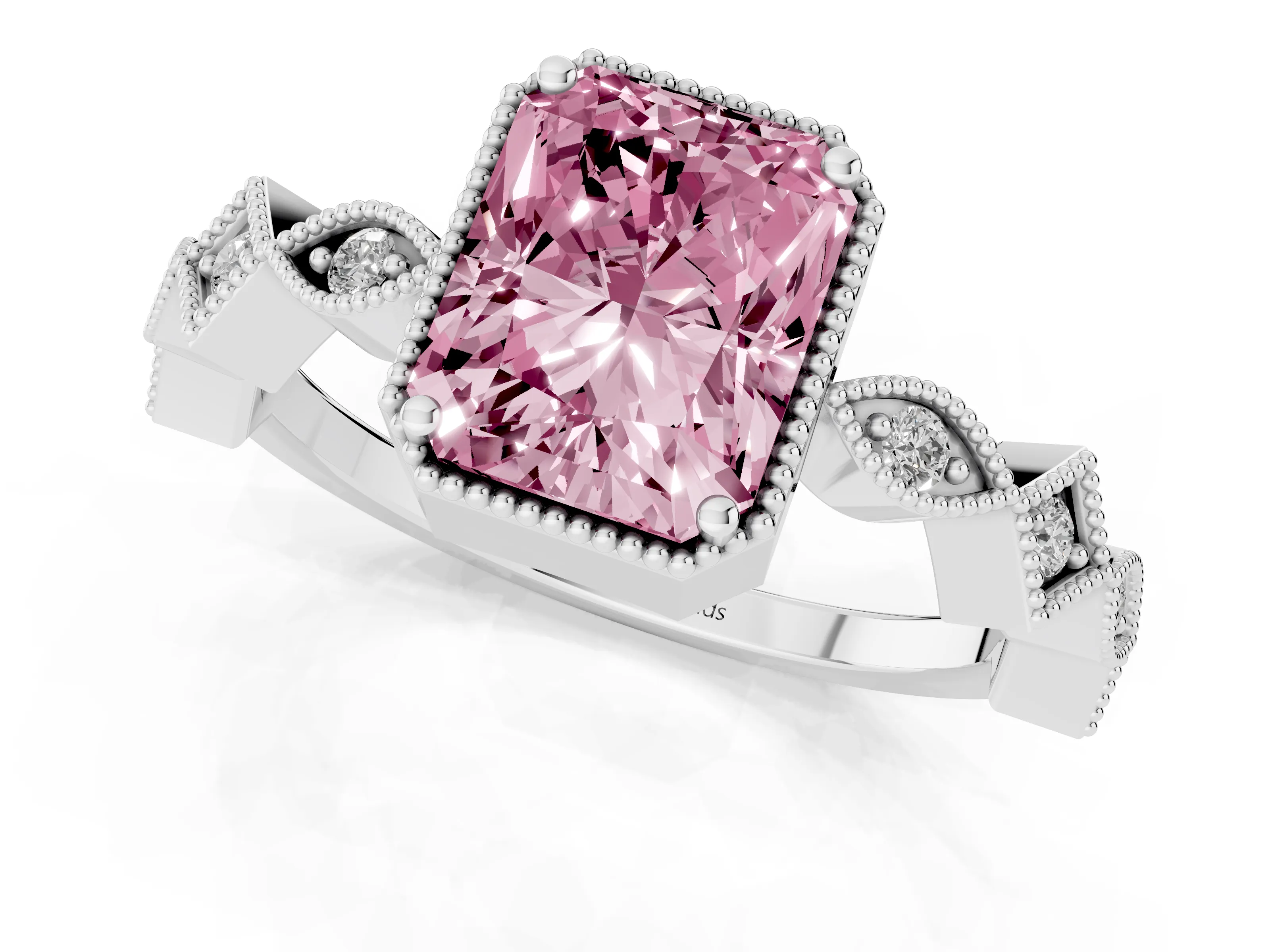 Fancy Pink Radiant Cut Diamond Milgrain Marquise Twist Band Ring Set in Platinum with Prong Setting