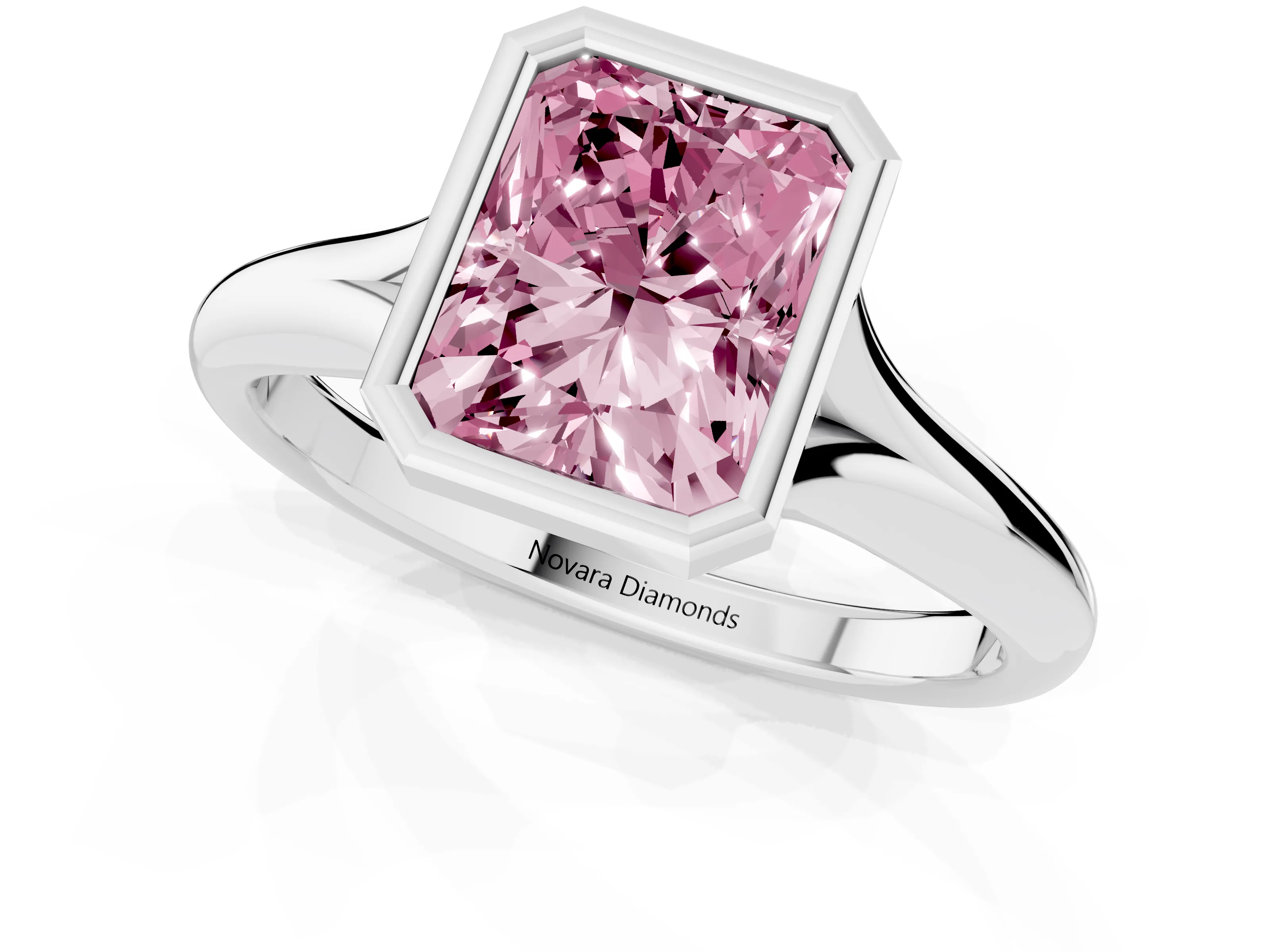 Fancy Pink Bezel Set Radiant Cut Diamond Solitaire Ring Set in Platinum with Smooth Band