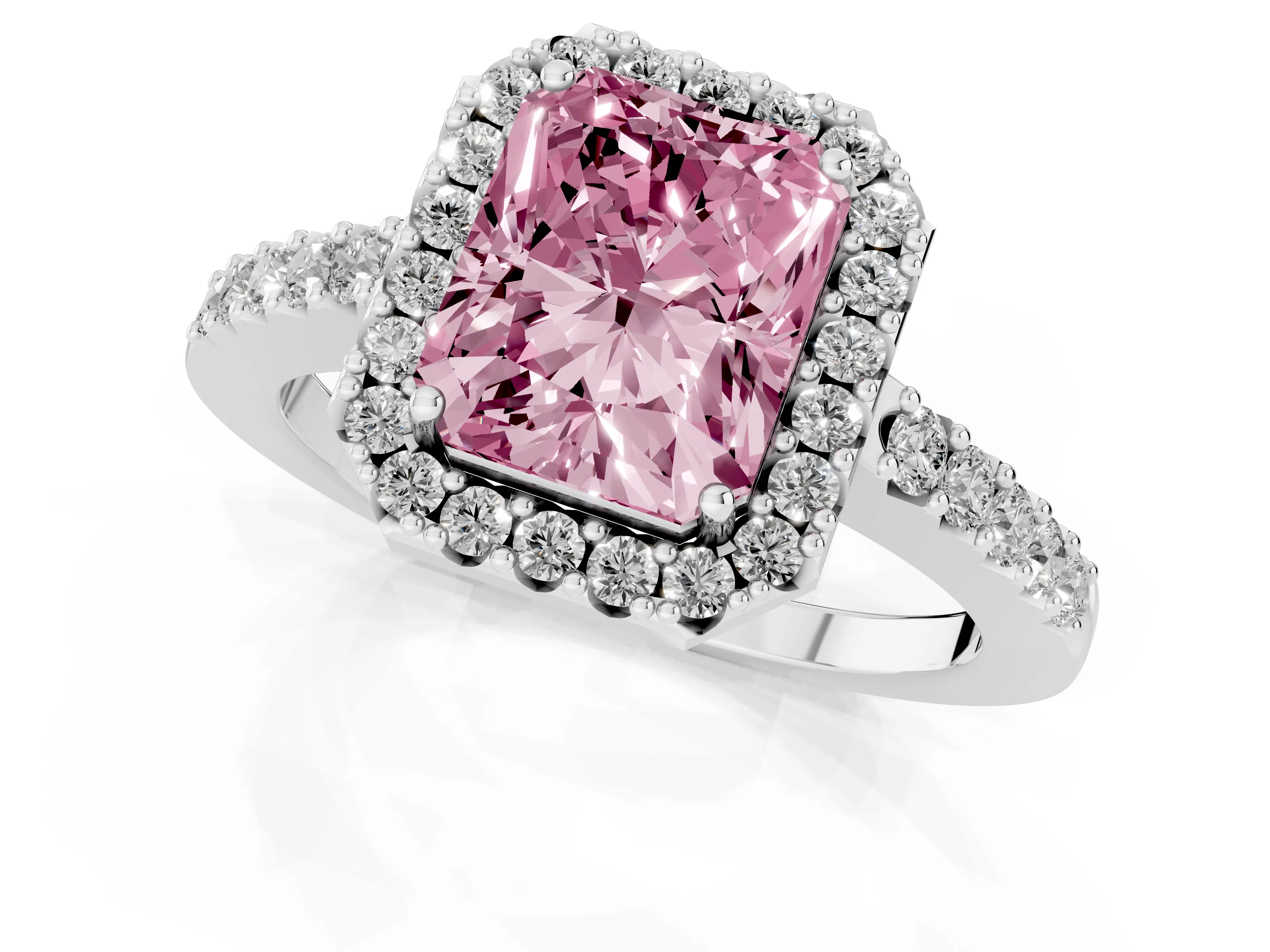 Fancy Pink Radiant Cut Diamond Halo Pavé Solitaire Ring Set in White gold with Prong-Set Center Stone
