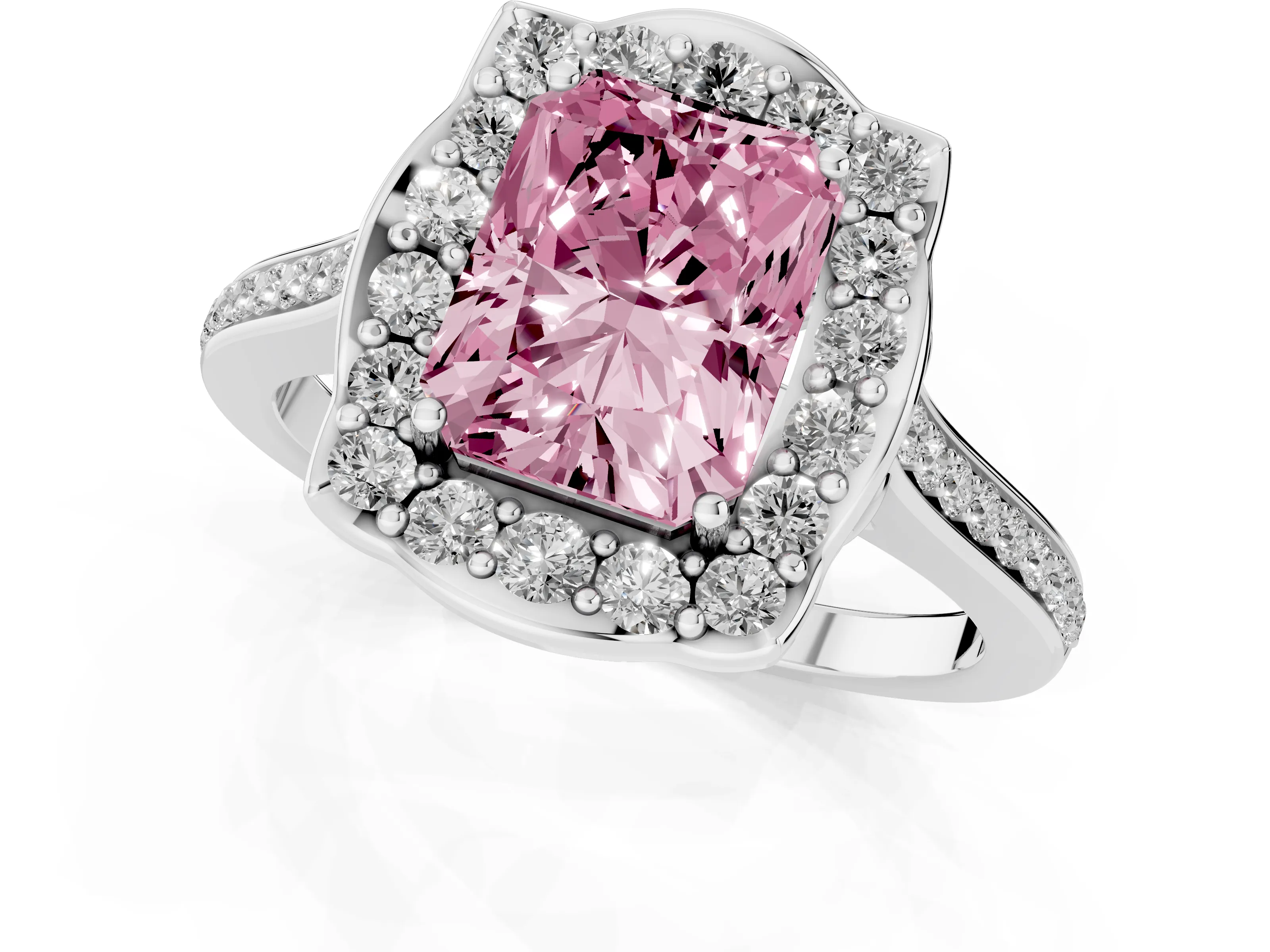 Fancy Pink Radiant Cut Diamond Halo Ring Set in Platinum with Pavé-Lined Shoulders and Prong Setting