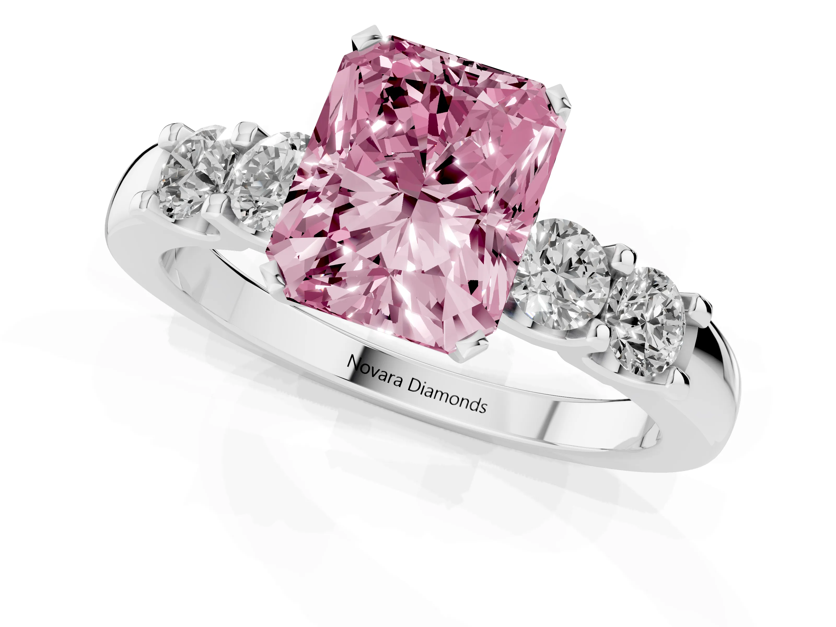 Fancy Pink Radiant Cut Diamond Five-Stone Prong Set Engagement Ring Set in Silver with Channel Band