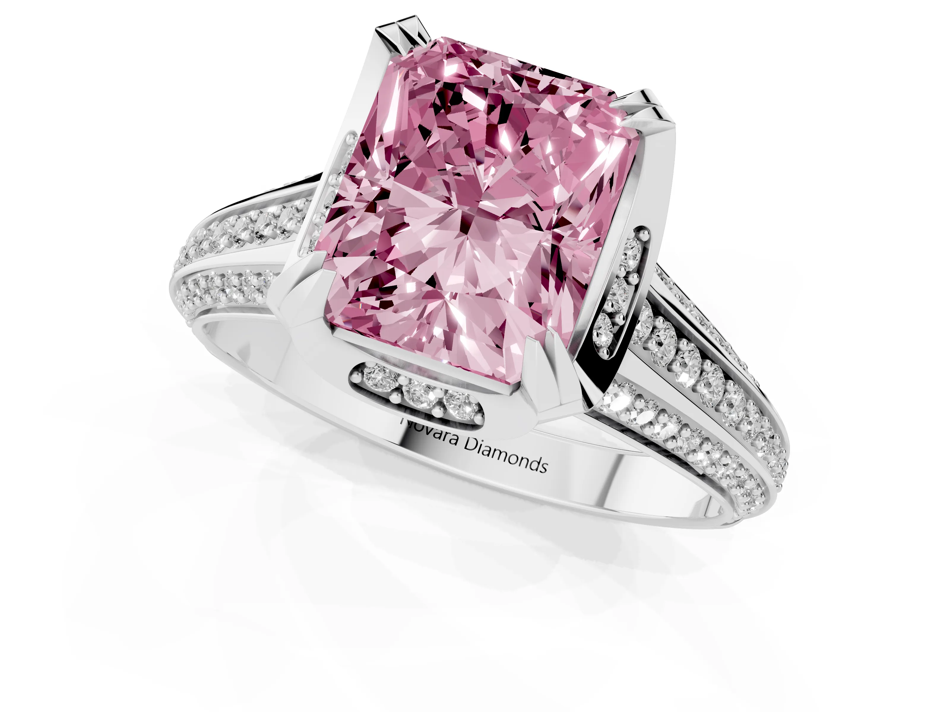 Fancy Pink Radiant Cut Diamond Pavé Split Shank Solitaire Ring Set in Silver with Prong Setting