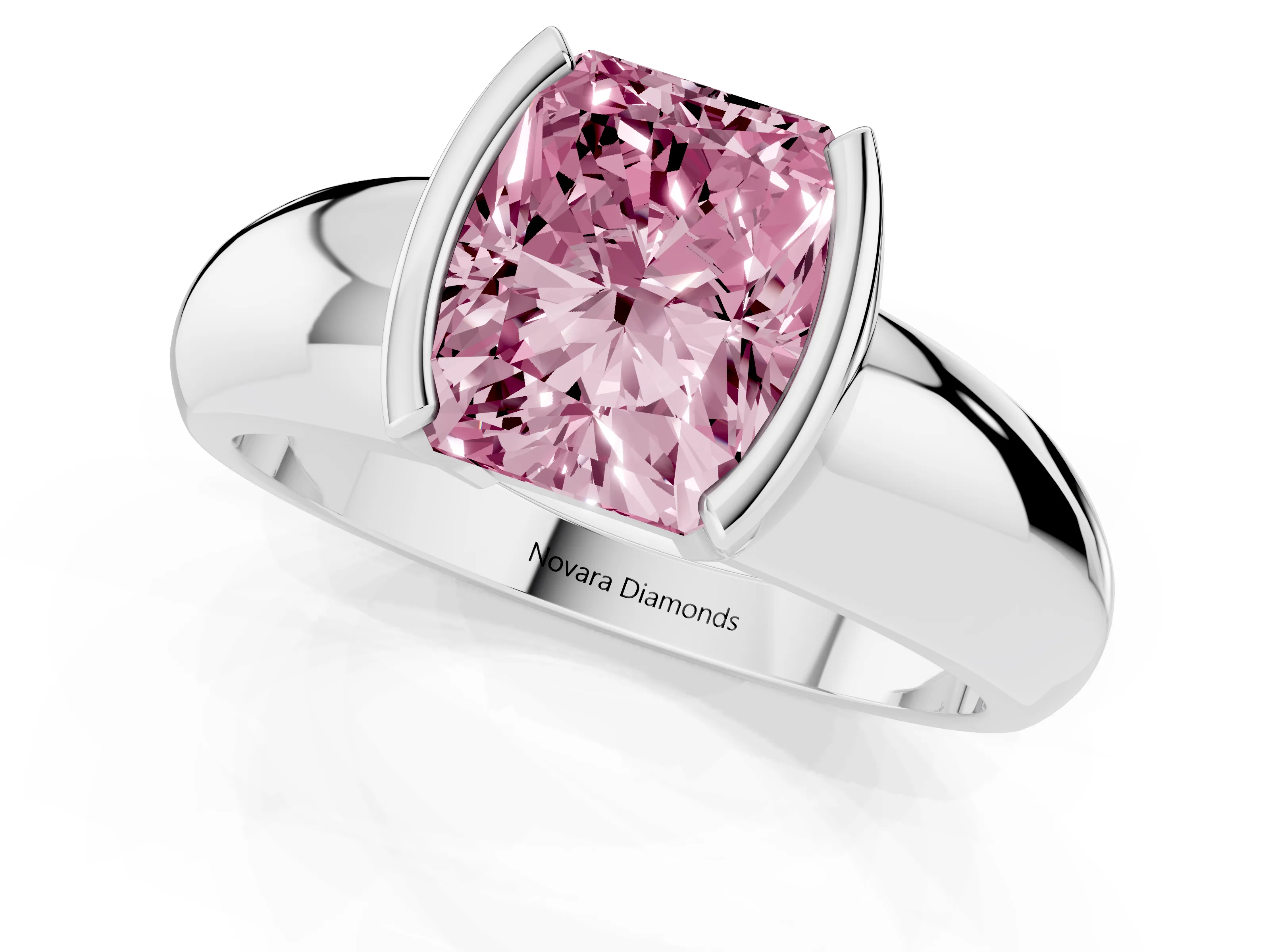 Fancy Pink Radiant Cut Diamond Solitaire Tension Set Ring Set in White gold with Wide Band