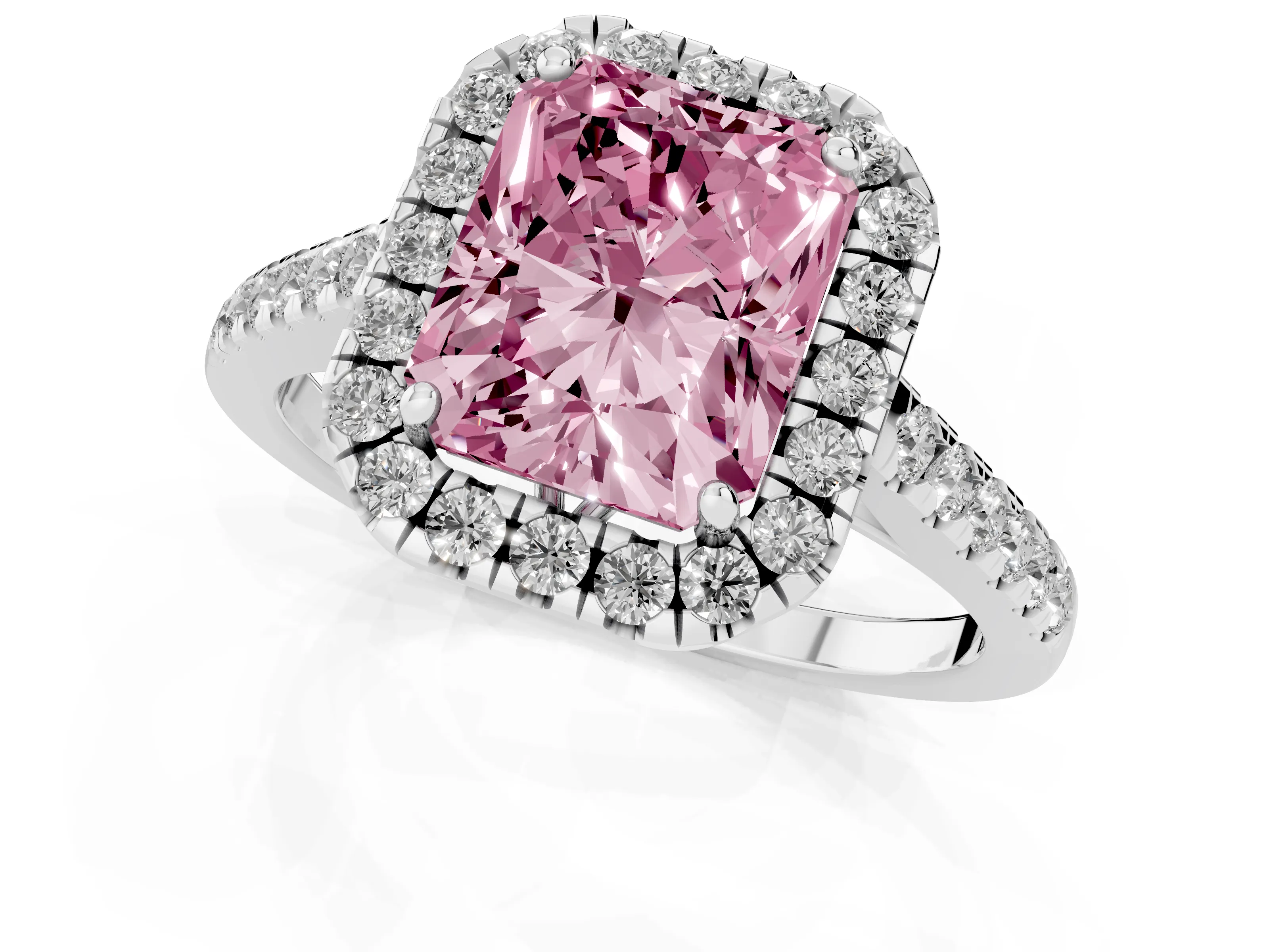Fancy Pink Radiant Cut Diamond Pavé Halo Engagement Ring Set in White gold with Pavé Band and Prong Setting