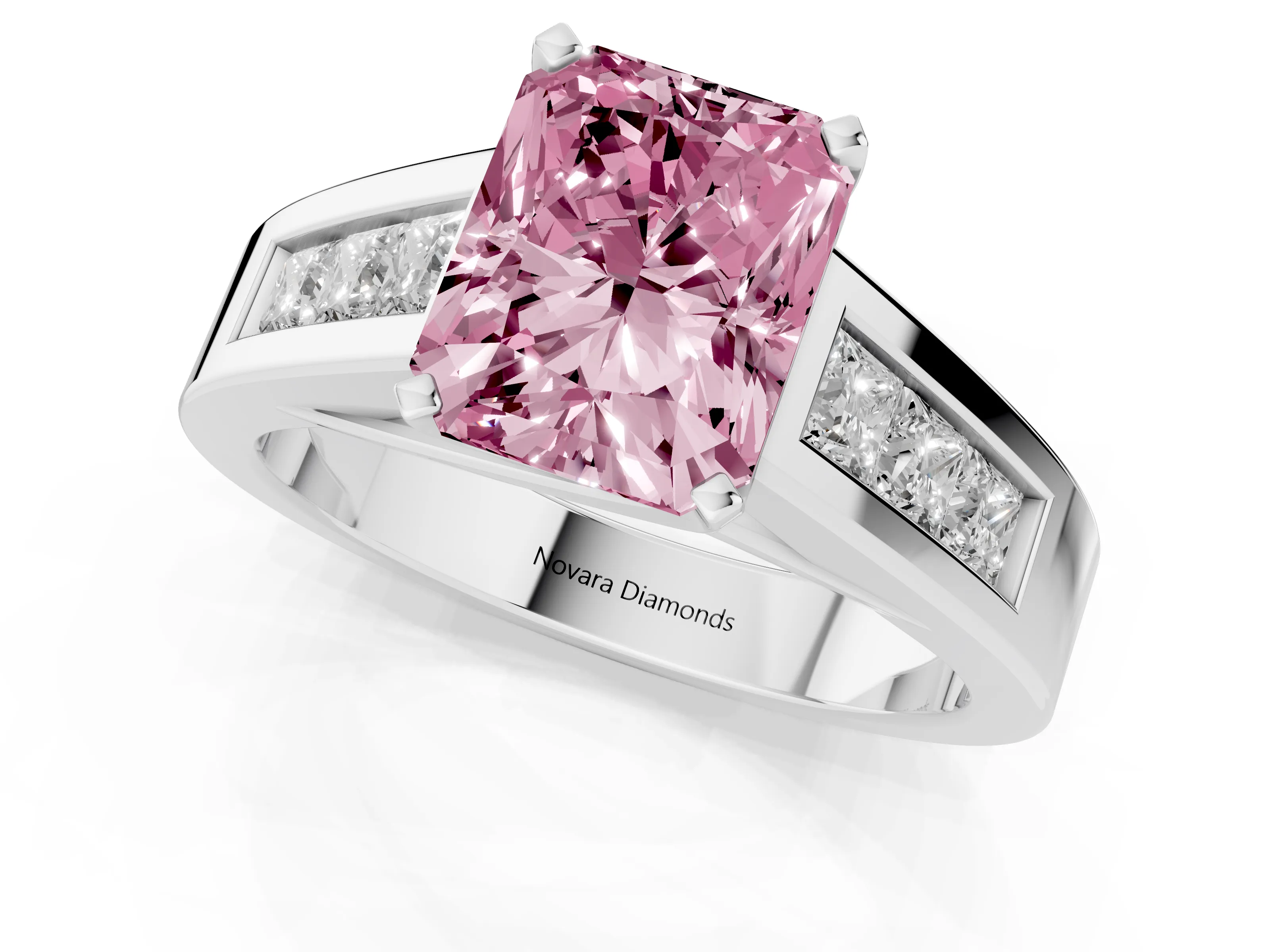 Fancy Pink Radiant Cut Diamond Solitaire Ring Set in Silver with Channel-Set Accent Stones and Prong Setting
