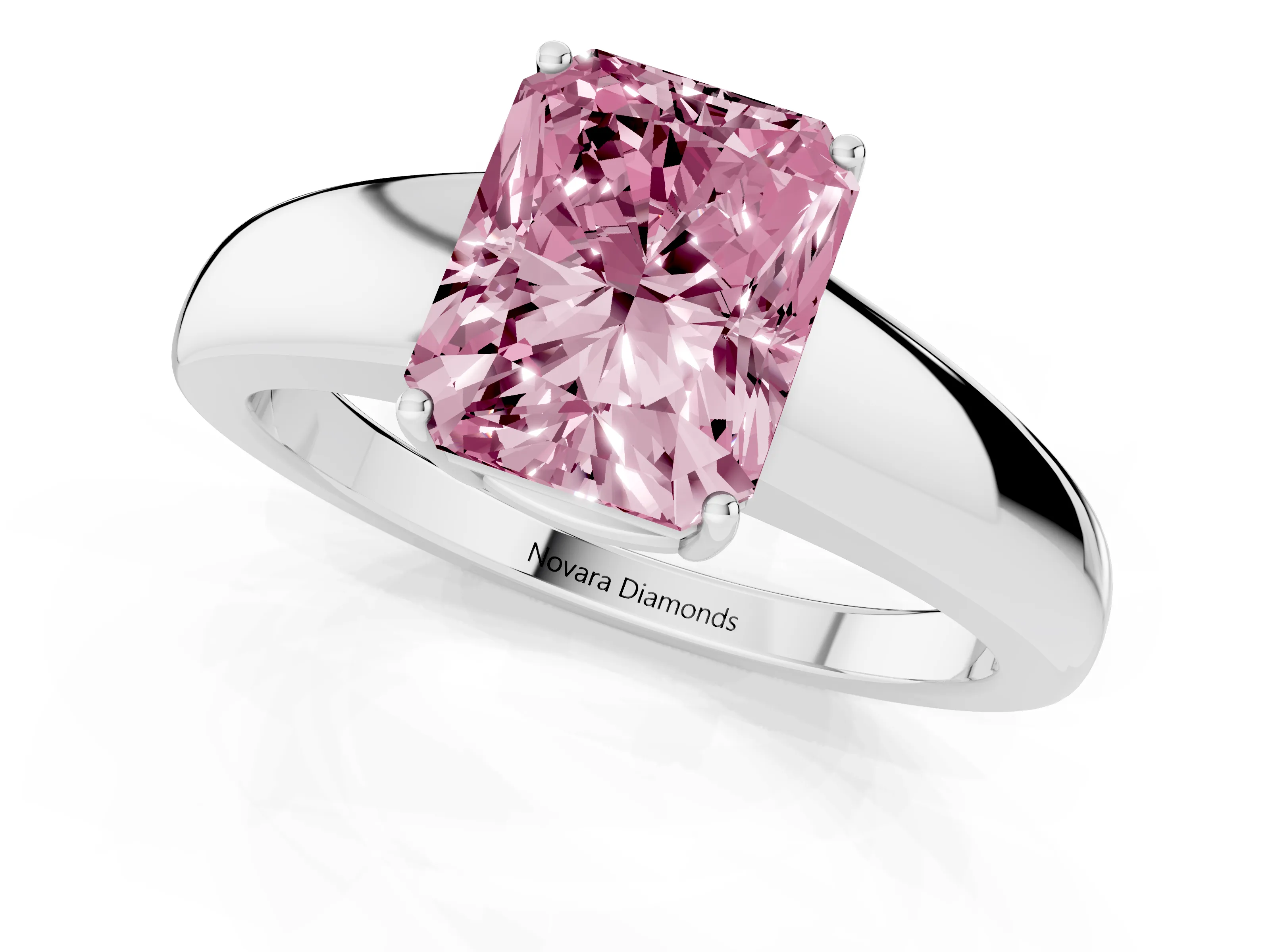 Fancy Pink Radiant Cut Diamond Solitaire Ring Set in White gold with Tapered Band and Prong Setting