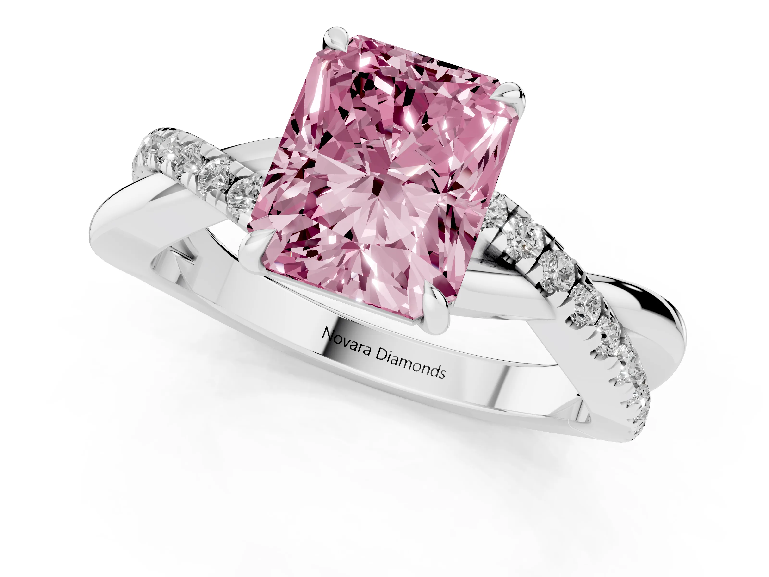 Fancy Pink Radiant Cut Diamond Twisted Pavé Band Ring Set in Silver with Prong Setting