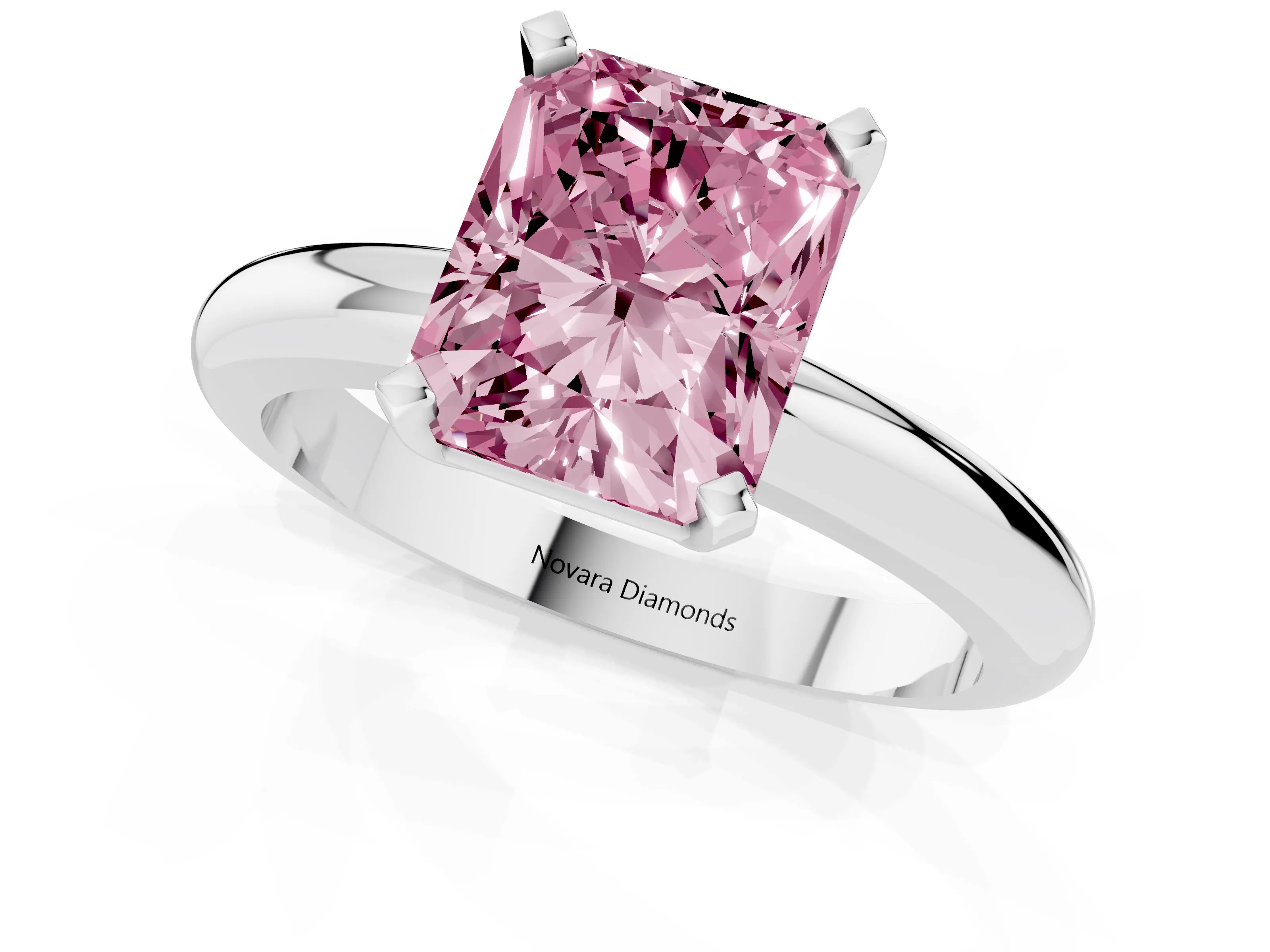Fancy Pink Radiant Cut Diamond Solitaire Engagement Ring Set in Silver with Round Band and Prong Setting