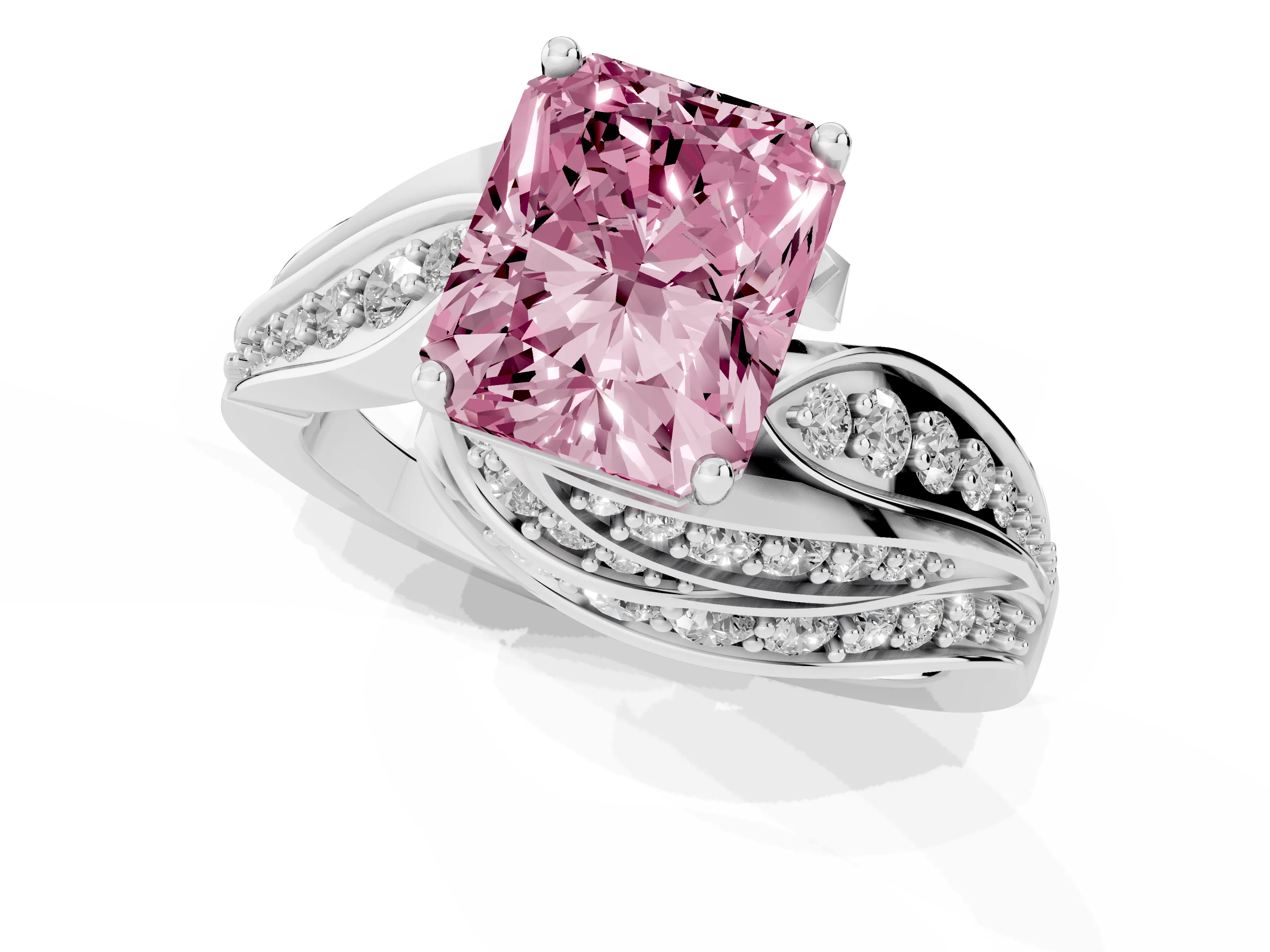 Fancy Pink Radiant Cut Diamond Solitaire Ring Set in Silver with Layered Twist Pavé Band
