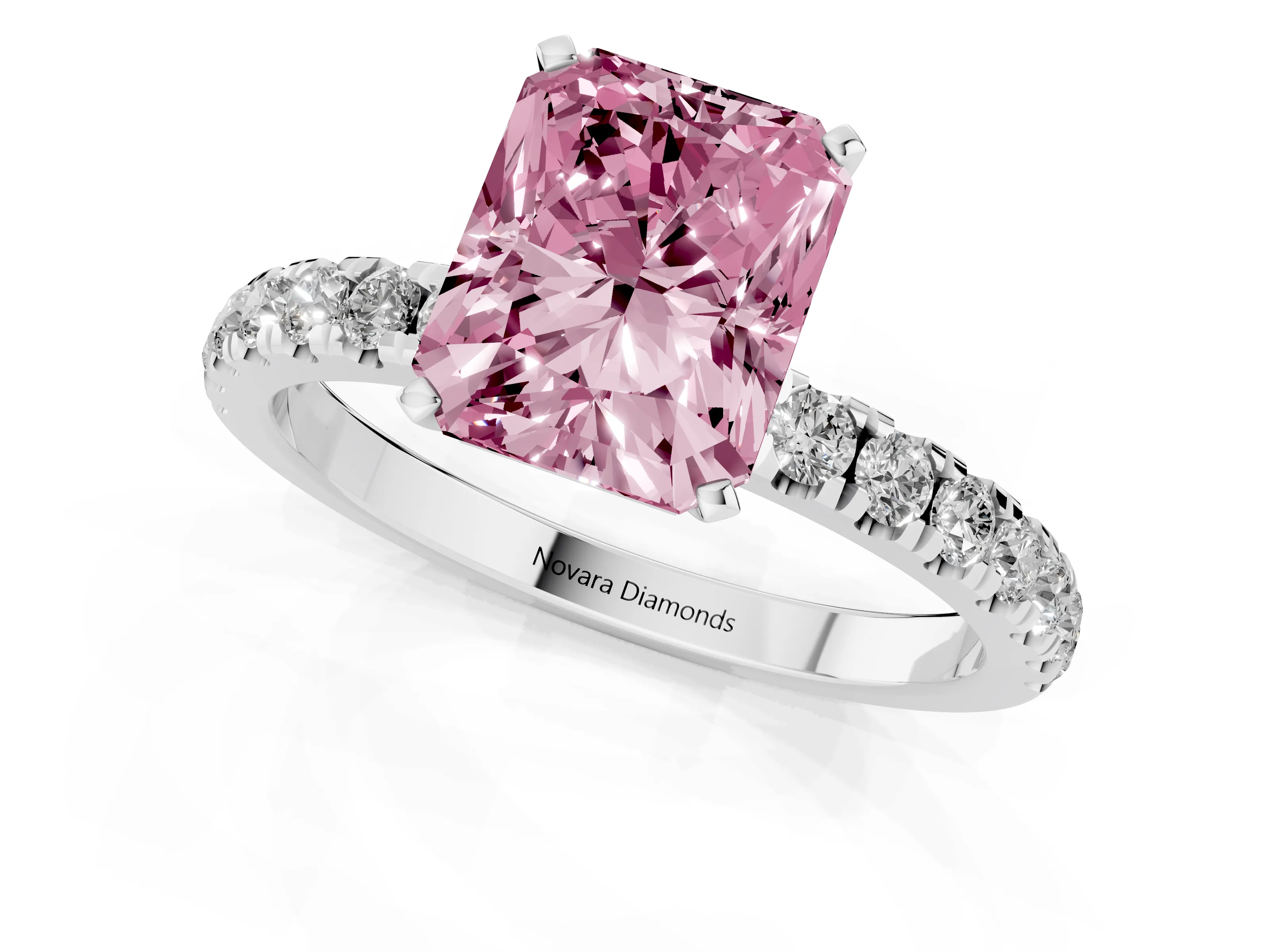 Fancy Pink Radiant Cut Diamond Solitaire Ring Set in Silver with Pavé Accents and Prong Setting