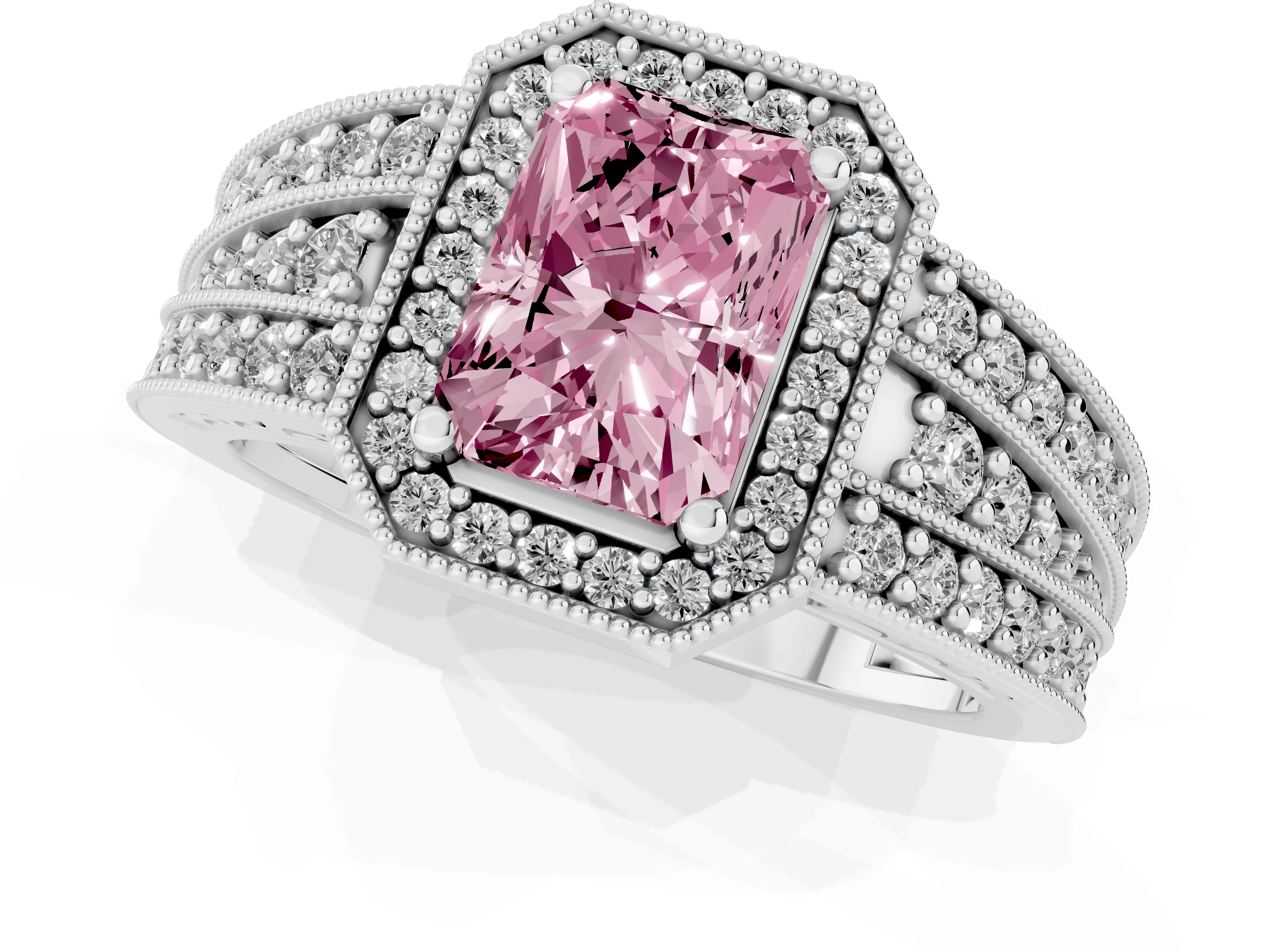 Fancy Pink Radiant Cut Diamond Halo Ring Set in Platinum with Accent Split Shank and Prong Setting