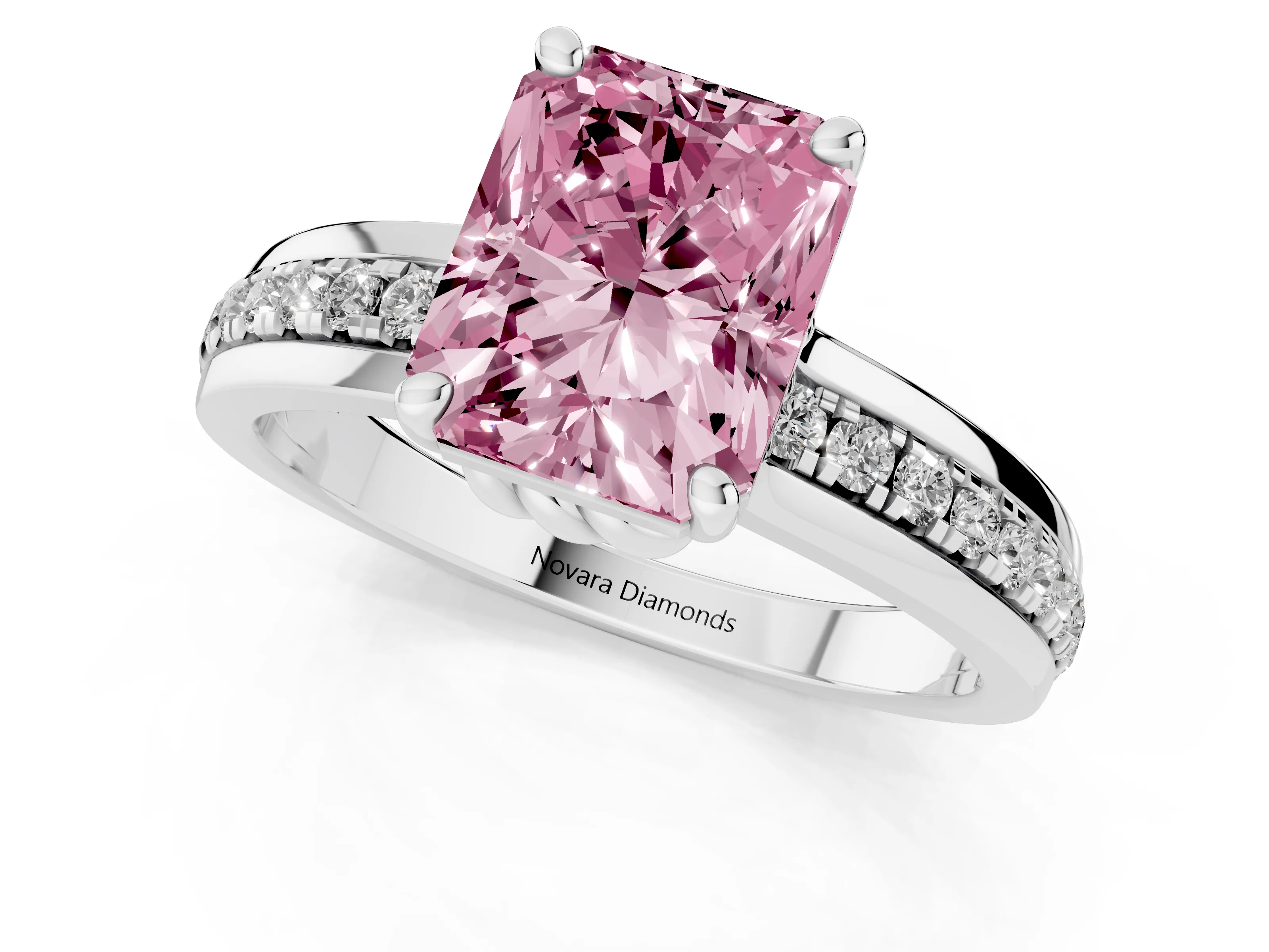 Fancy Pink Radiant Cut Diamond Solitaire Ring Set in White gold with Channel Set Band and Prong Setting