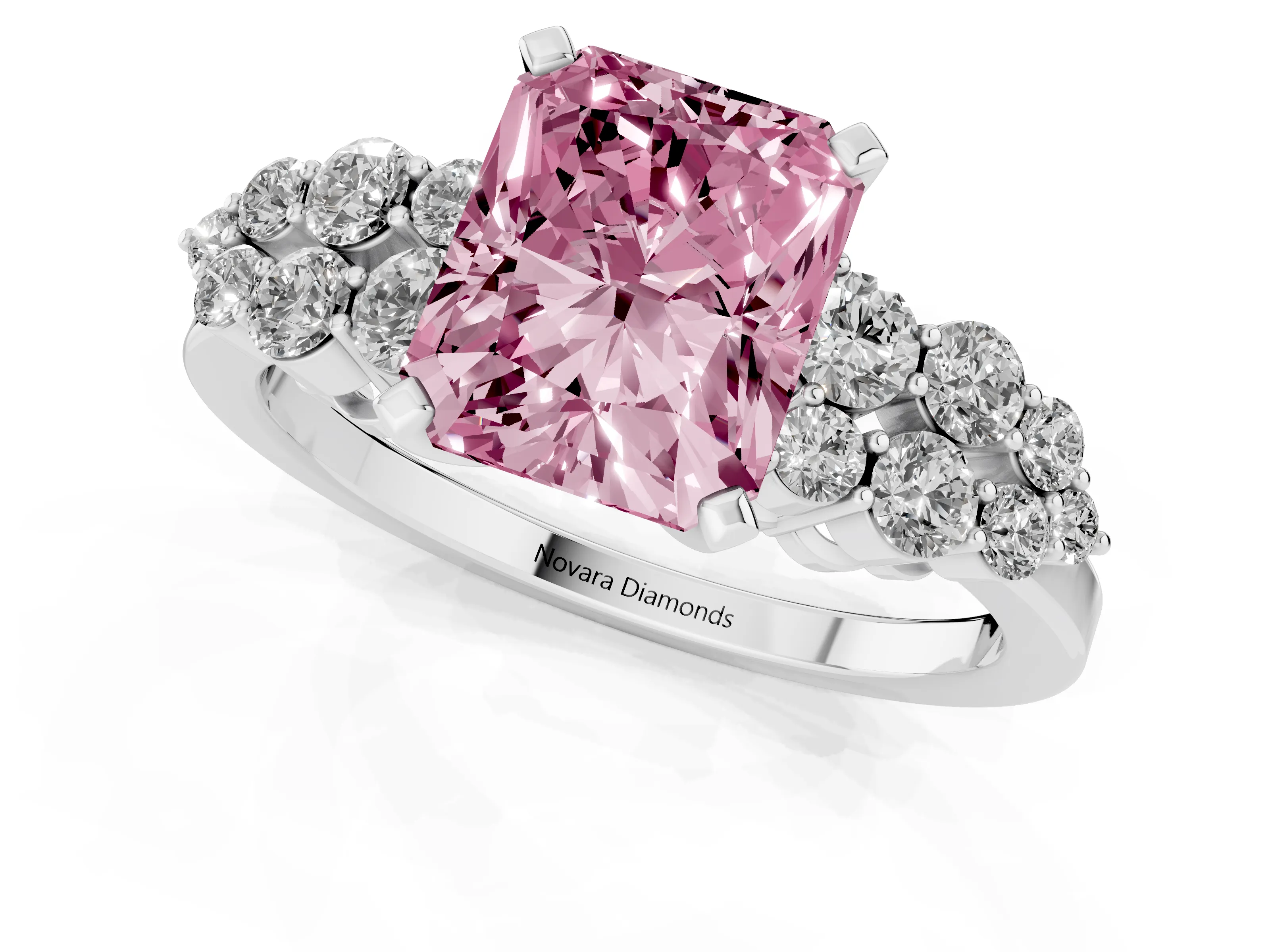 Fancy Pink Radiant Cut Diamond Cluster Engagement Ring Set in White gold with Pavé Band and Prong Setting