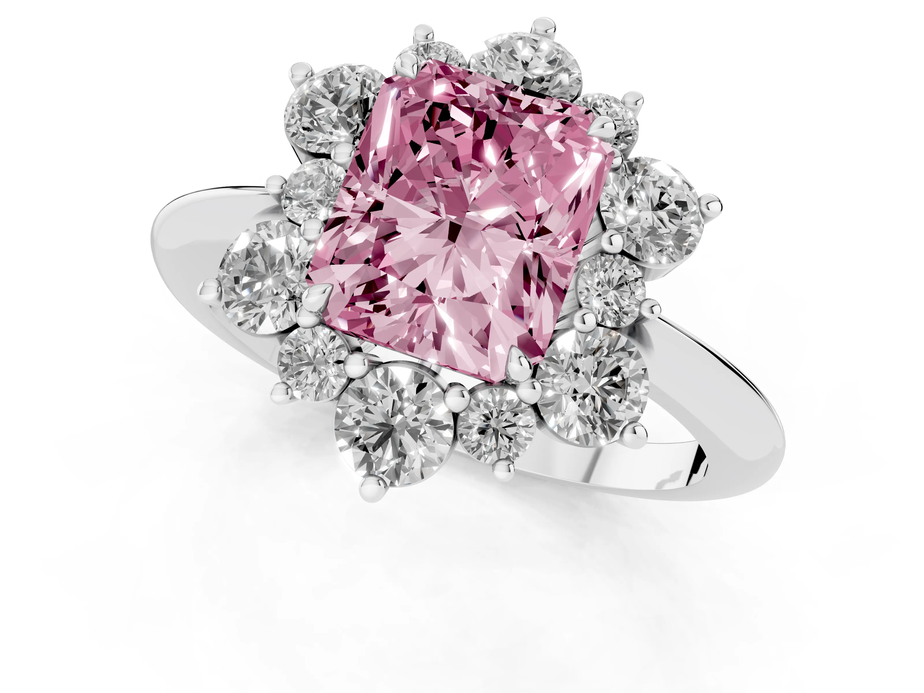 Fancy Pink Radiant Cut Diamond Cluster Halo Ring Set in Silver with Solitaire Band and Prong Setting