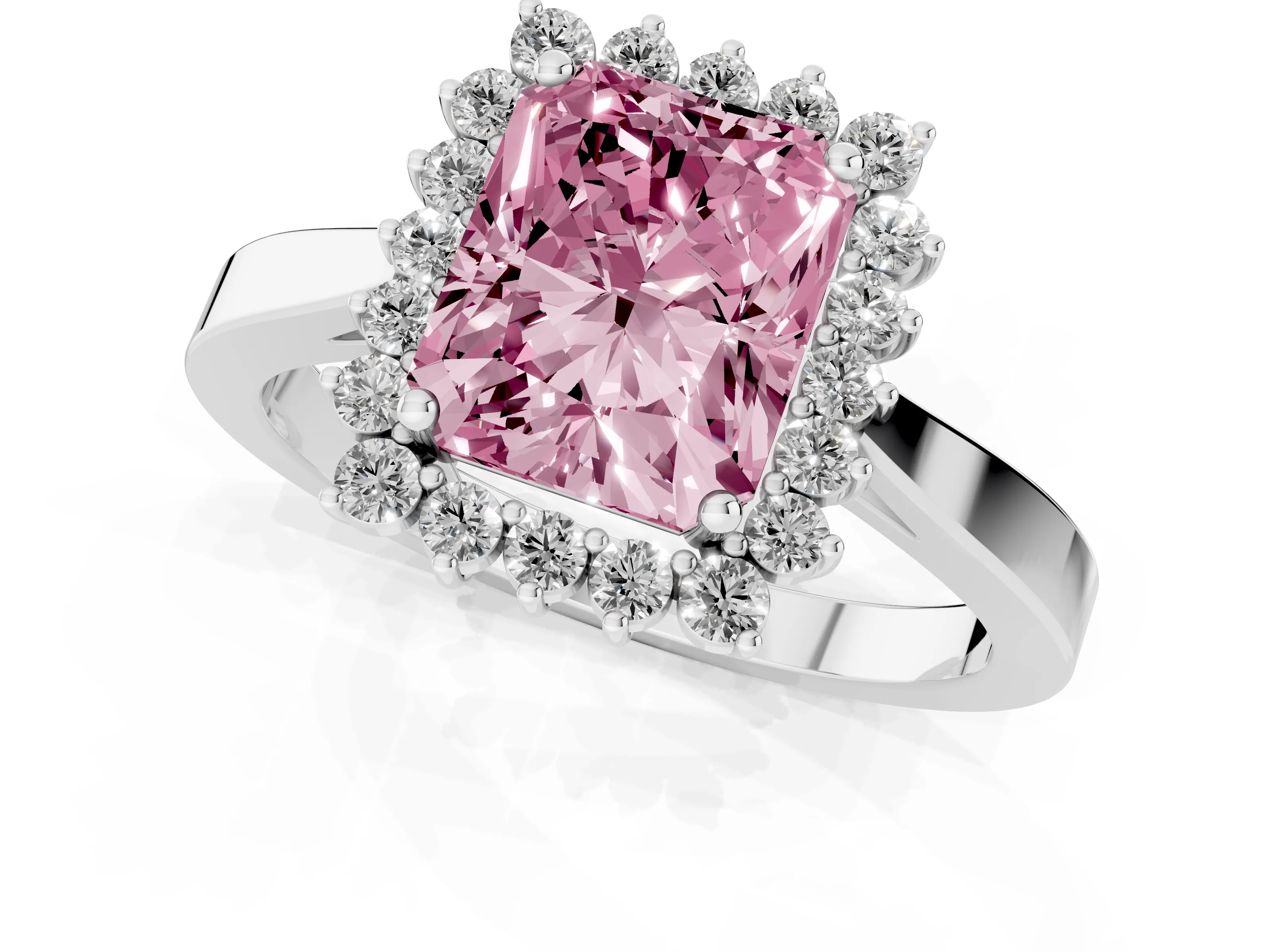 Fancy Pink Radiant Cut Diamond Halo Ring Set in White gold with Round Halo and Smooth Solitaire Band