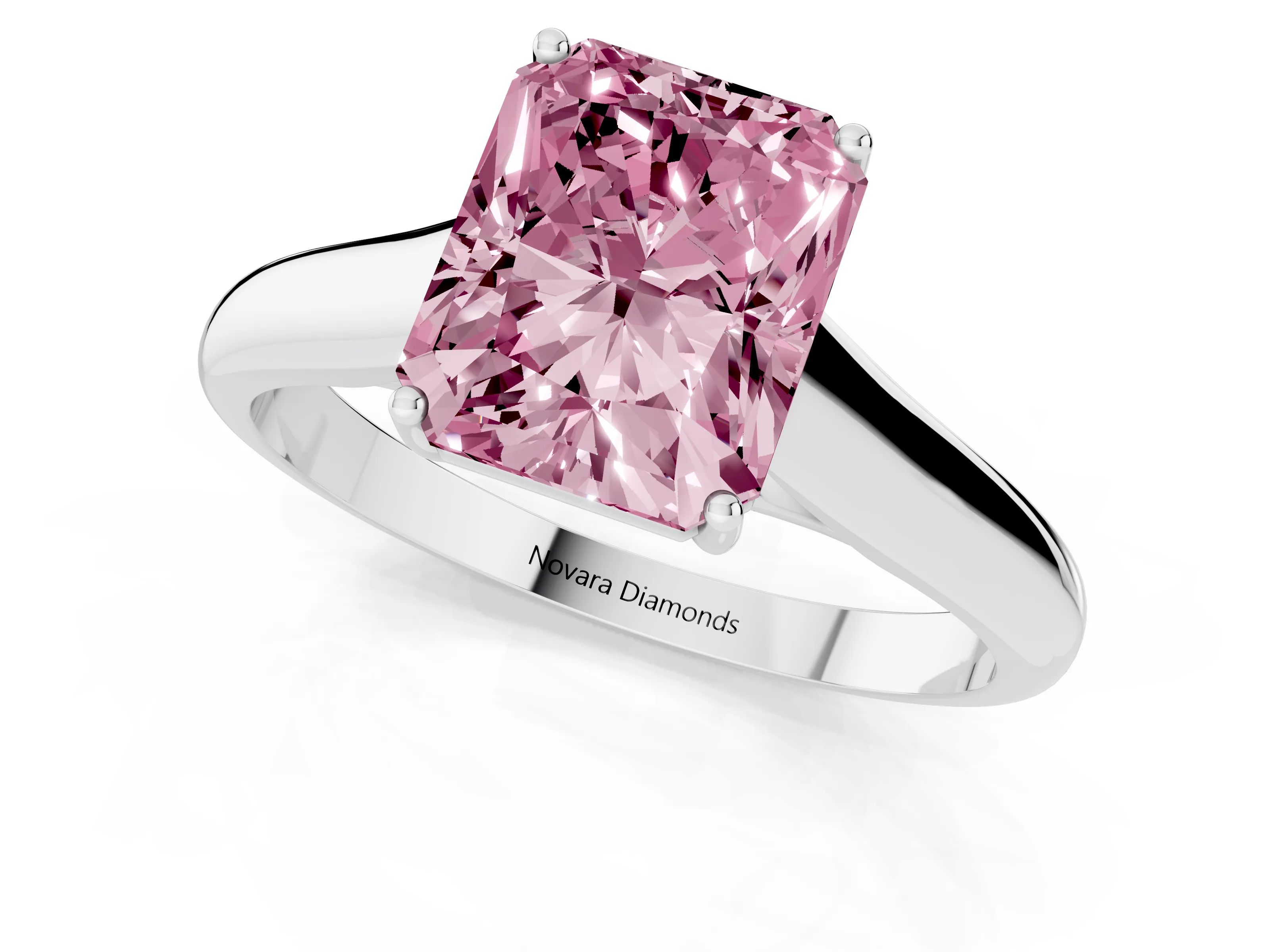 Fancy Pink Radiant Cut Diamond Solitaire Engagement Ring Set in White gold with Subtly Tapered Band and Prong Setting