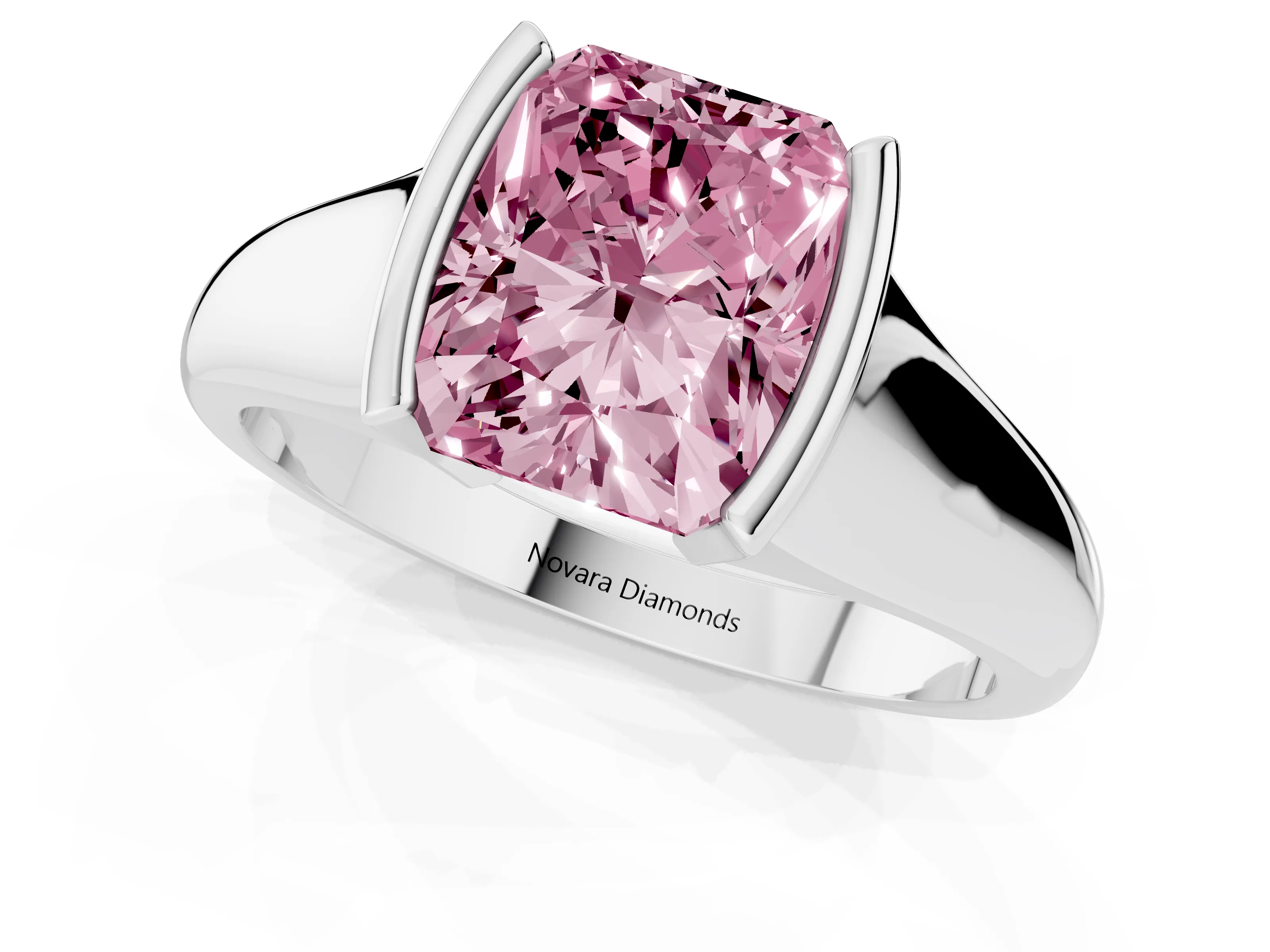 Fancy Pink Radiant Cut Diamond Solitaire Tension Set Ring Set in Platinum with Split Shank Band