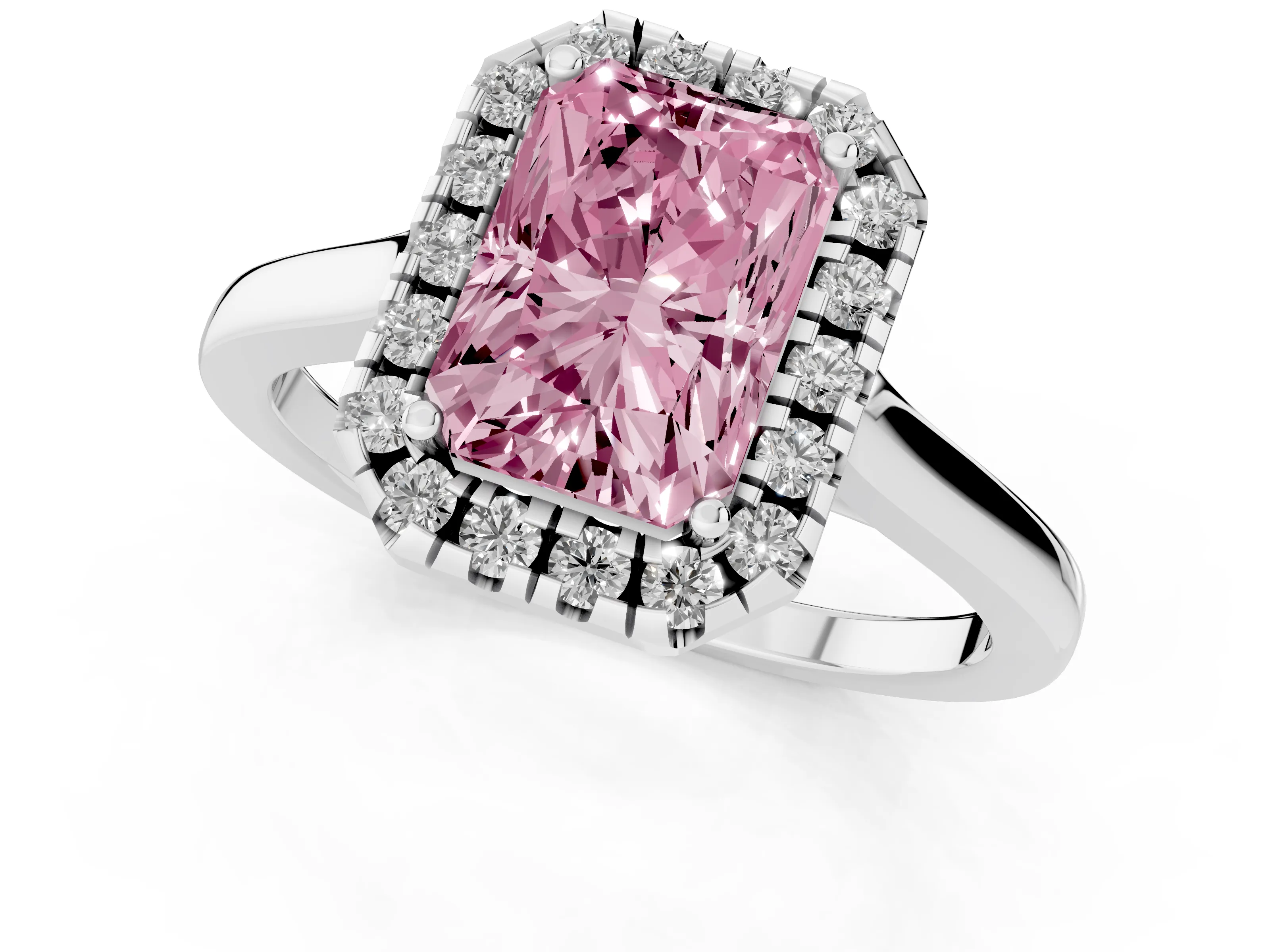 Fancy Pink Radiant Cut Halo Round Diamond Solitaire Ring Set in White gold with Pavé Band and Prong Setting