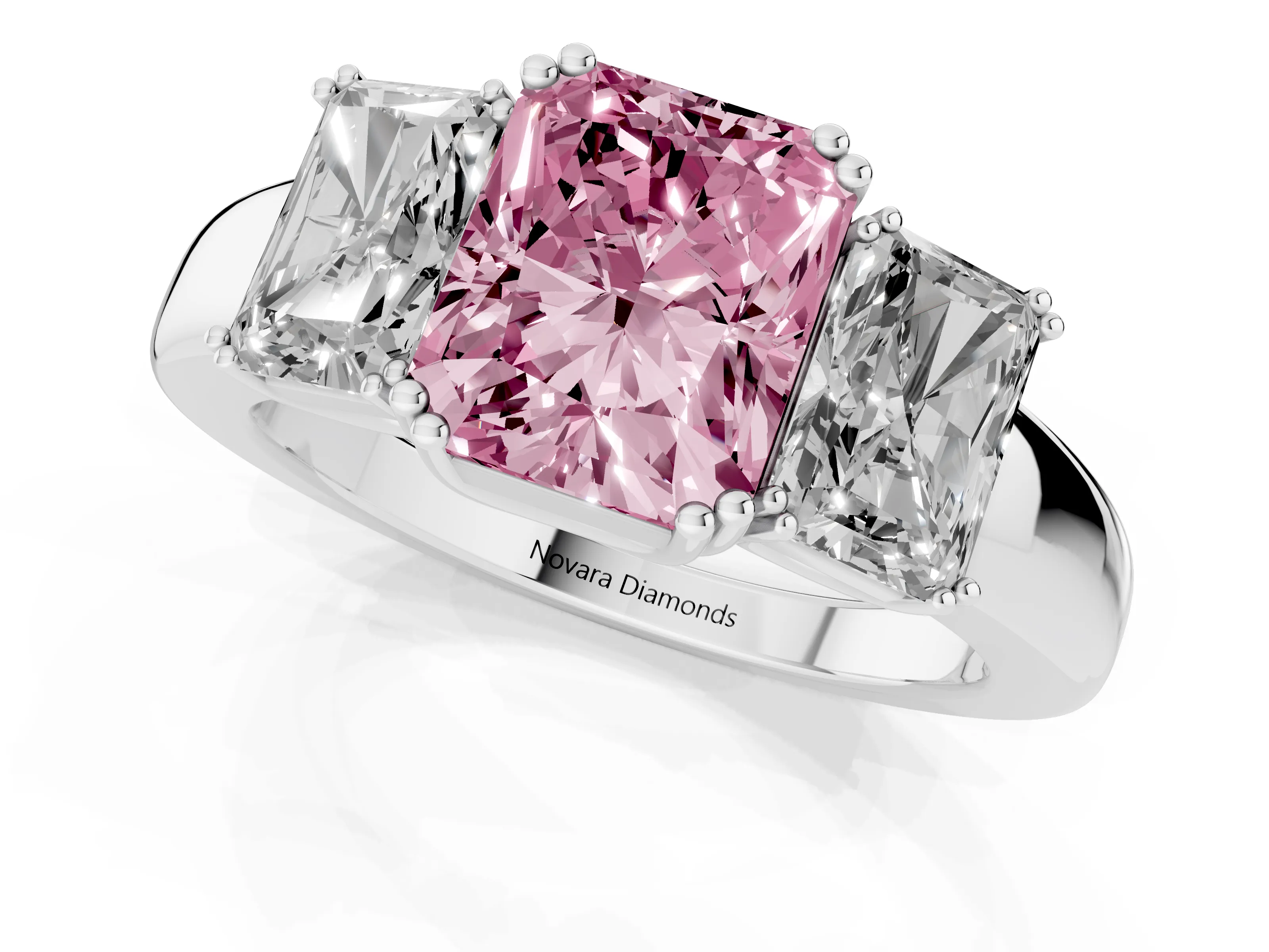 Fancy Pink Radiant Cut Diamond Three-Stone Ring Set in White gold with Polished Channel-Set Band