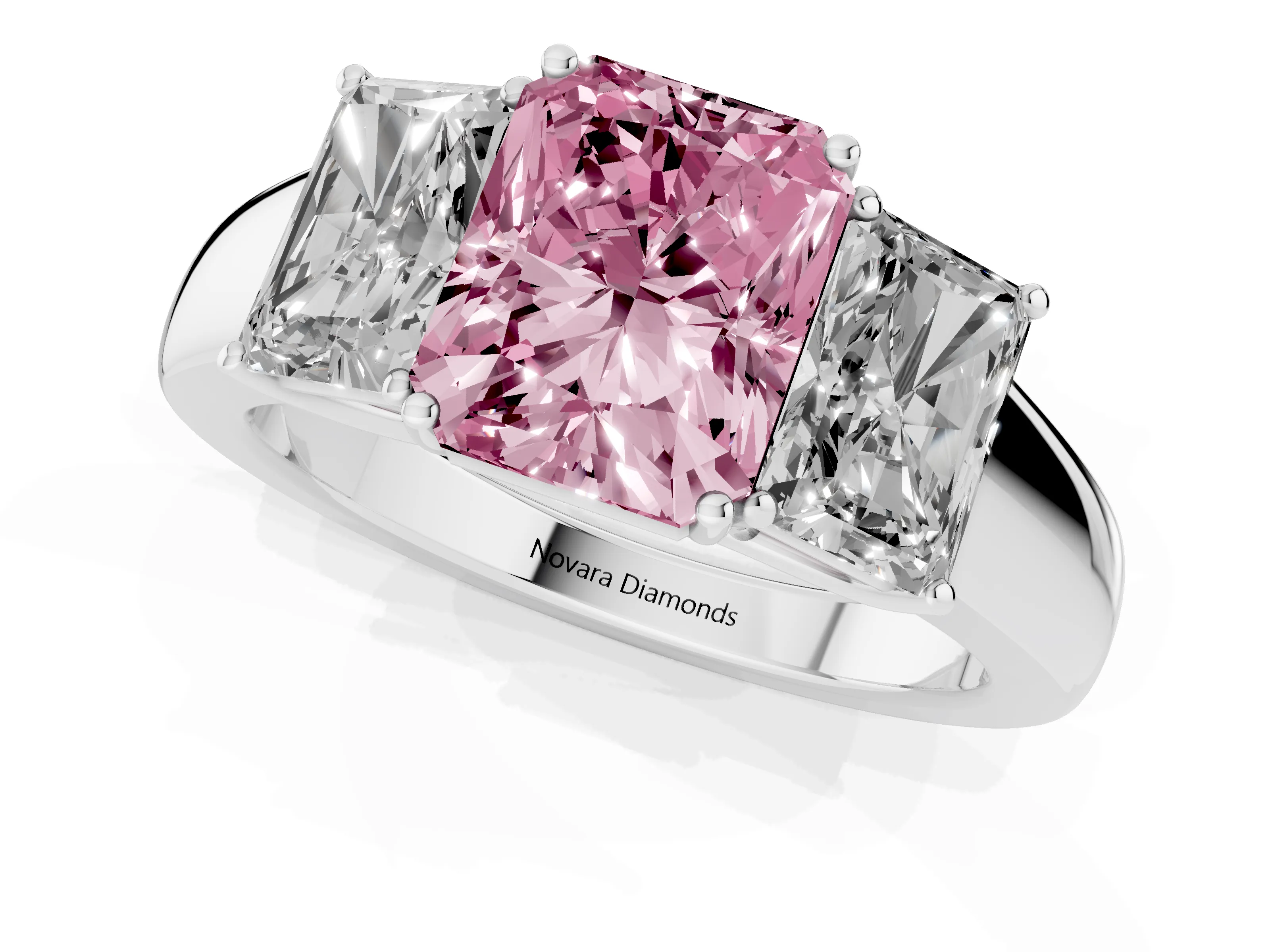 Fancy Pink Three-Stone Radiant Cut Diamond Ring Set in White gold with Matching Prong Settings and Plain Band