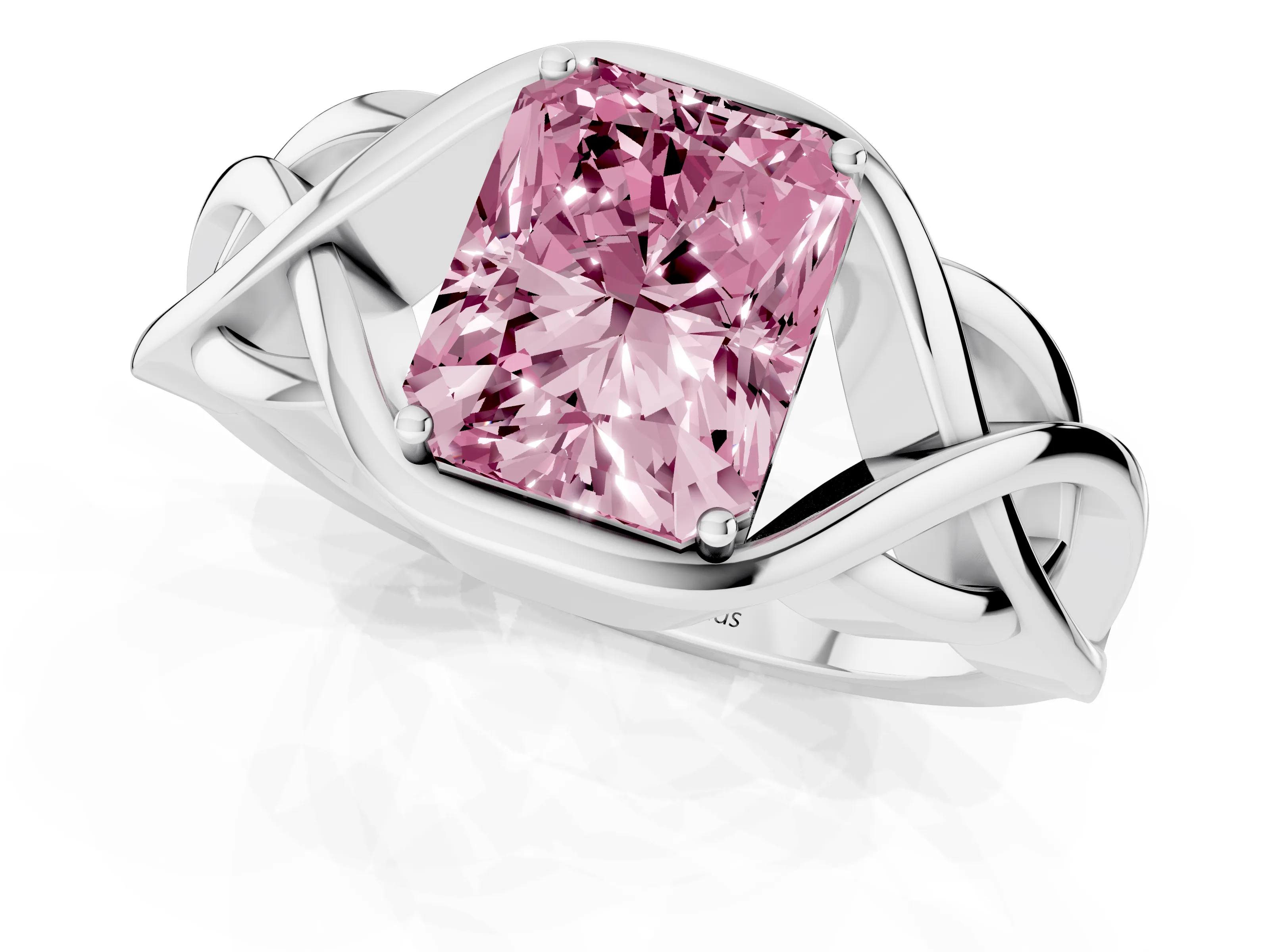 Fancy Pink Radiant Cut Diamond Solitaire Ring Set in White gold with Intertwined Band