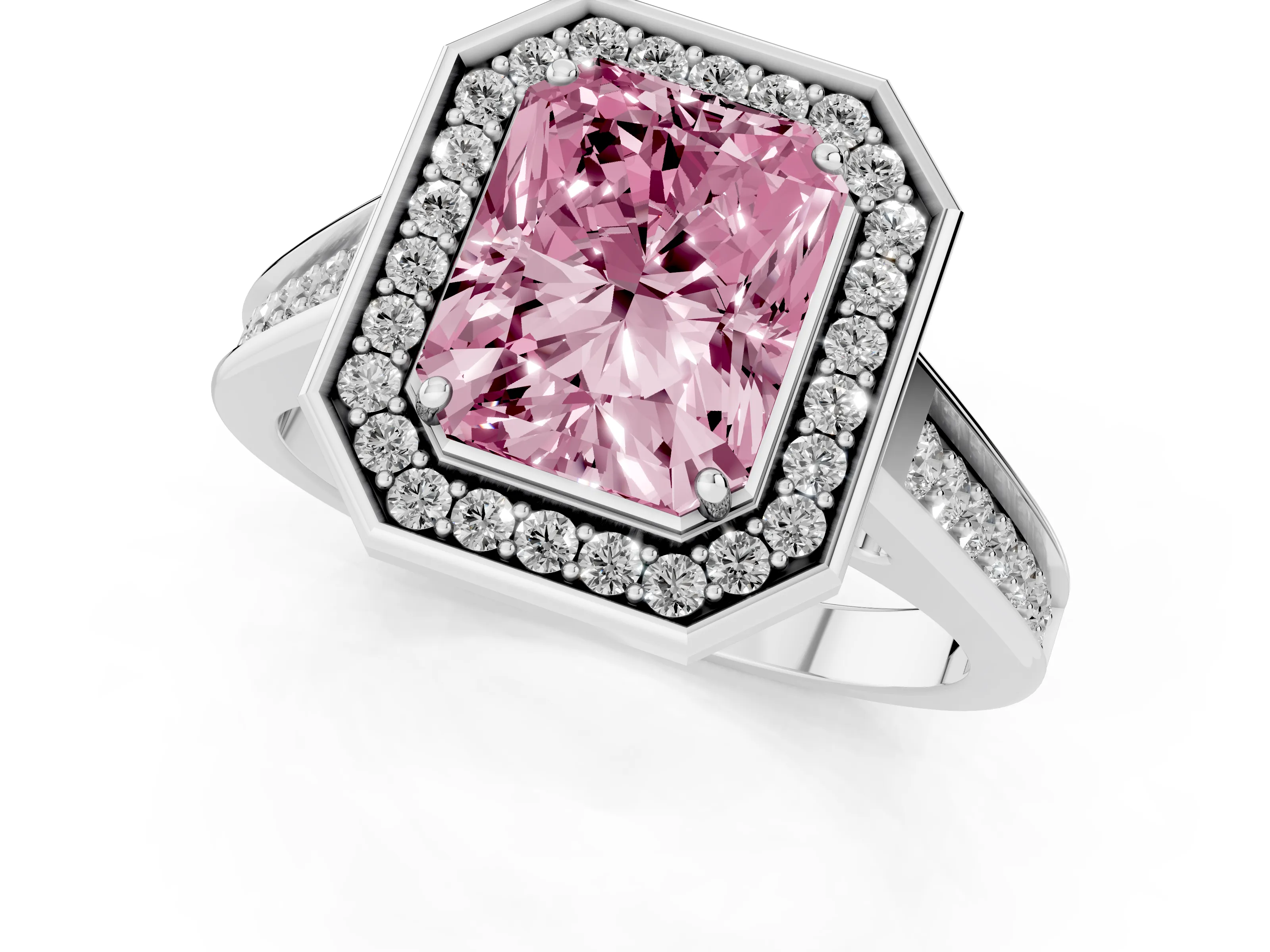 Fancy Pink Radiant Cut Diamond Halo Solitaire Ring Set in White gold with Pavé Band and Bezel Setting