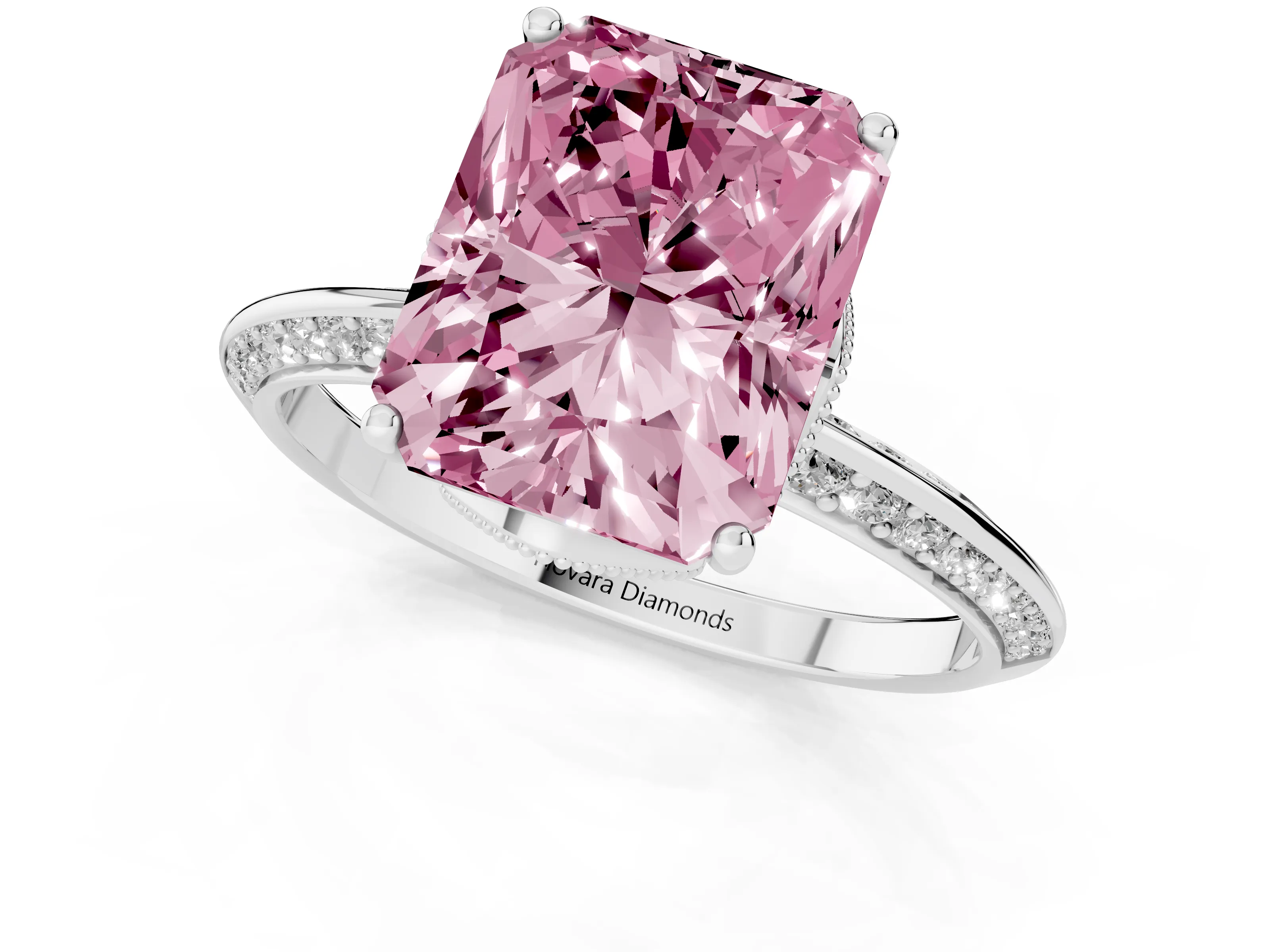 Fancy Pink Radiant Cut Diamond Solitaire Engagement Ring Set in Silver with Pavé Split Shank and Prong Setting