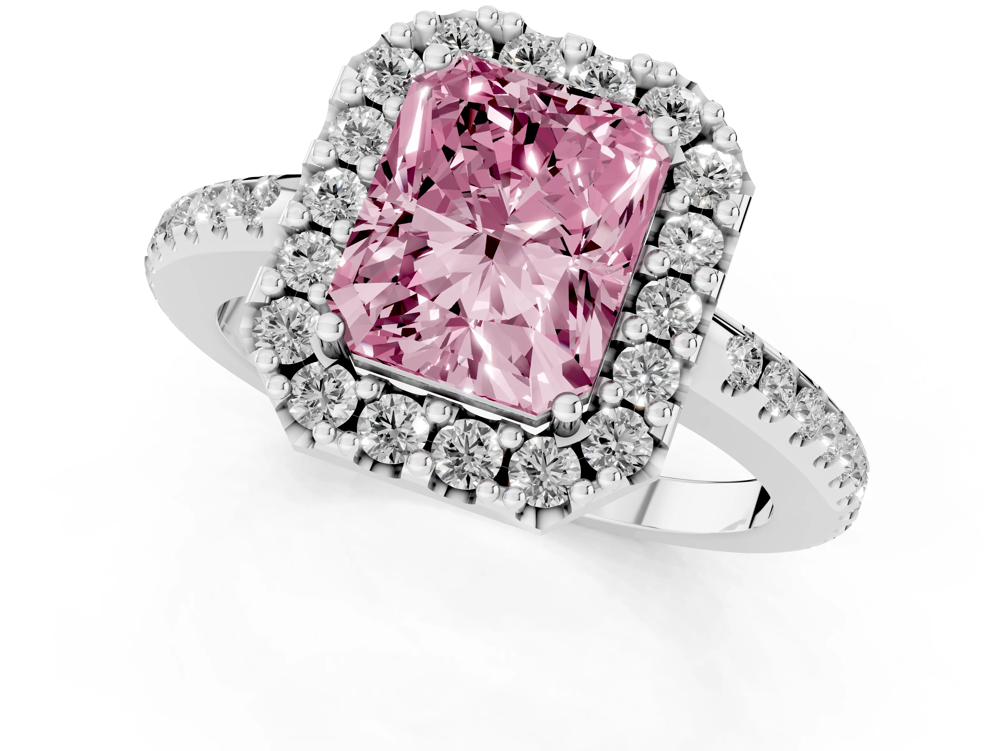 Fancy Pink Radiant Cut Diamond Pavé Halo Ring Set in Platinum with Prong Setting