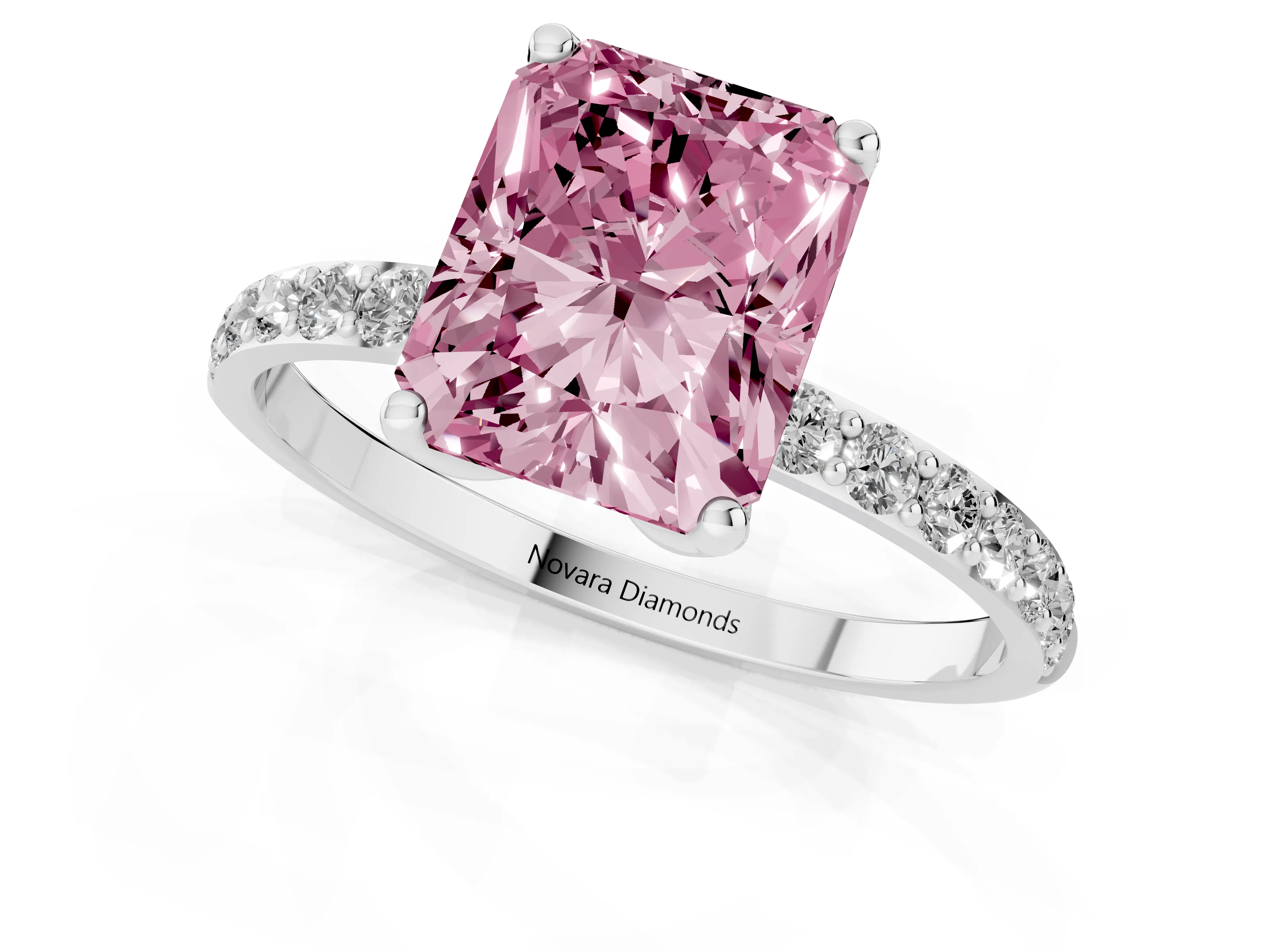 Fancy Pink Radiant Cut Diamond Solitaire Engagement Ring Set in Platinum with Round Pavé Band and Prong Setting