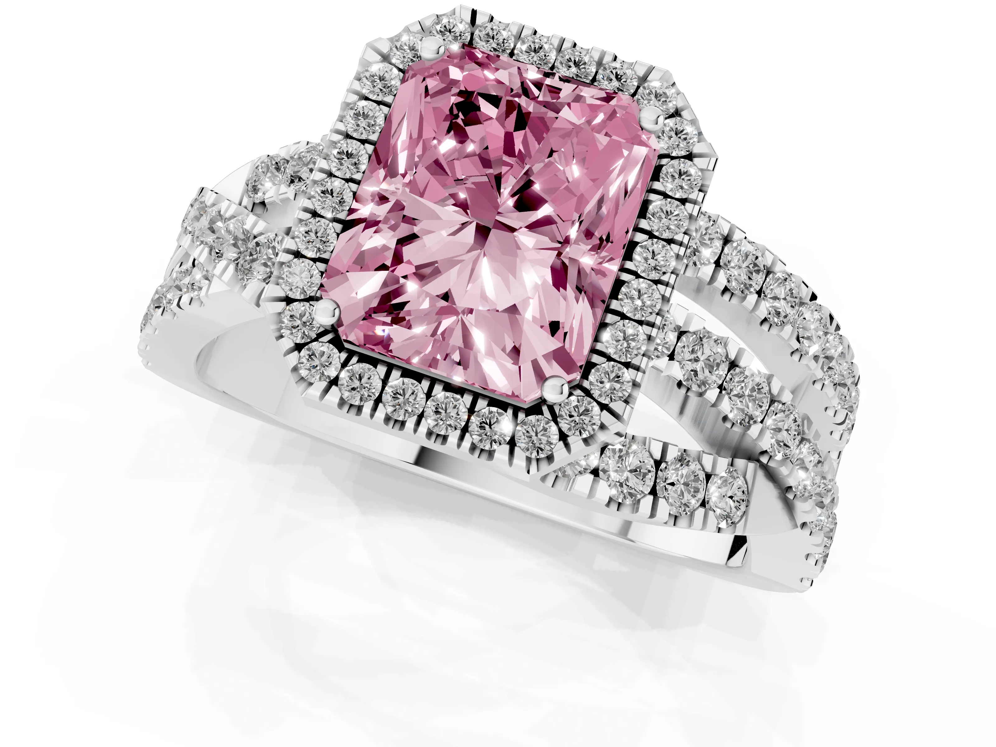 Fancy Pink Radiant Cut Diamond Halo Ring Set in Platinum with Round Crossover Split Shank and Prong Setting