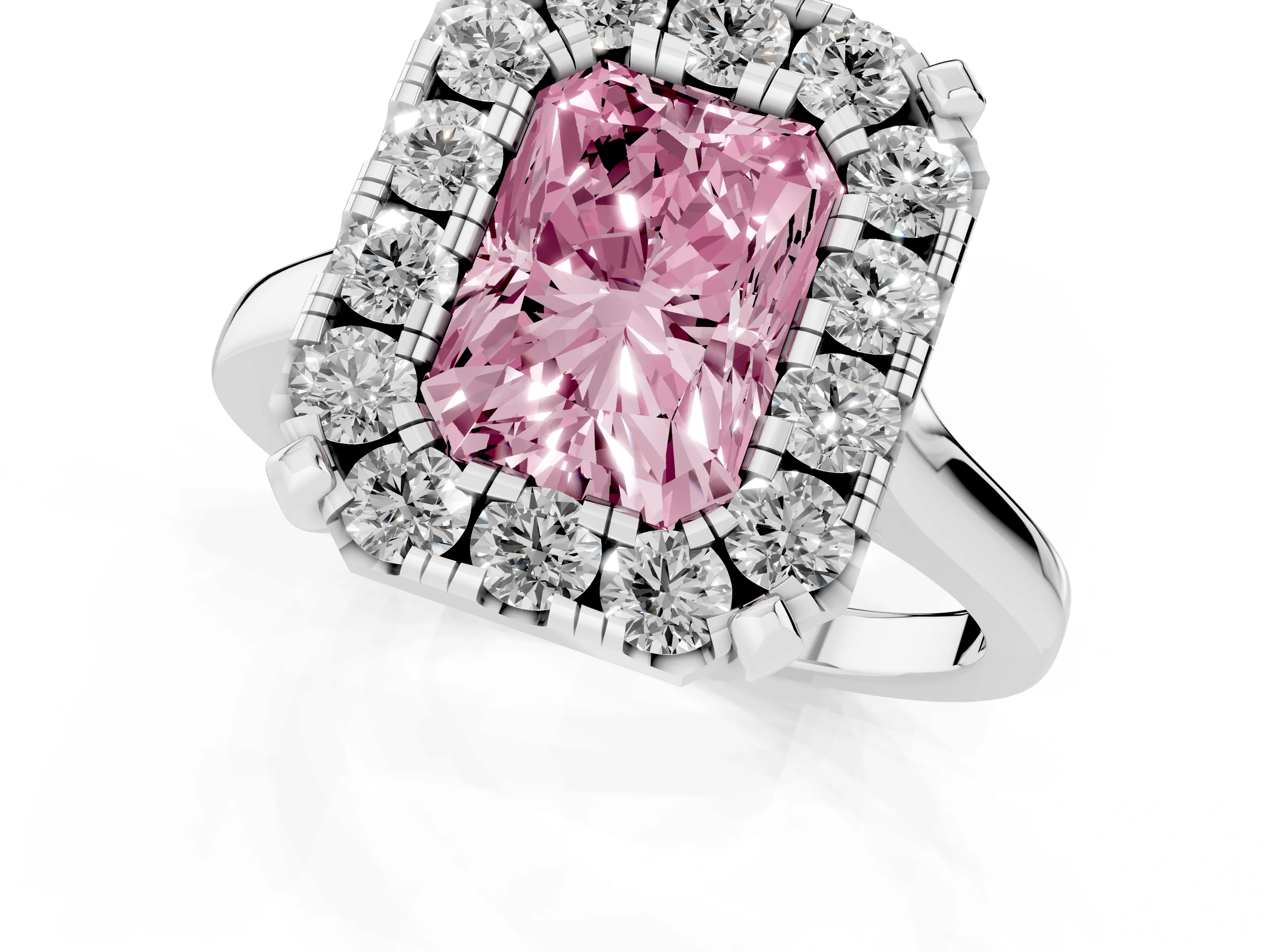 Fancy Pink Radiant Cut Diamond Cluster Halo Solitaire Ring Set in Silver with Prong Setting