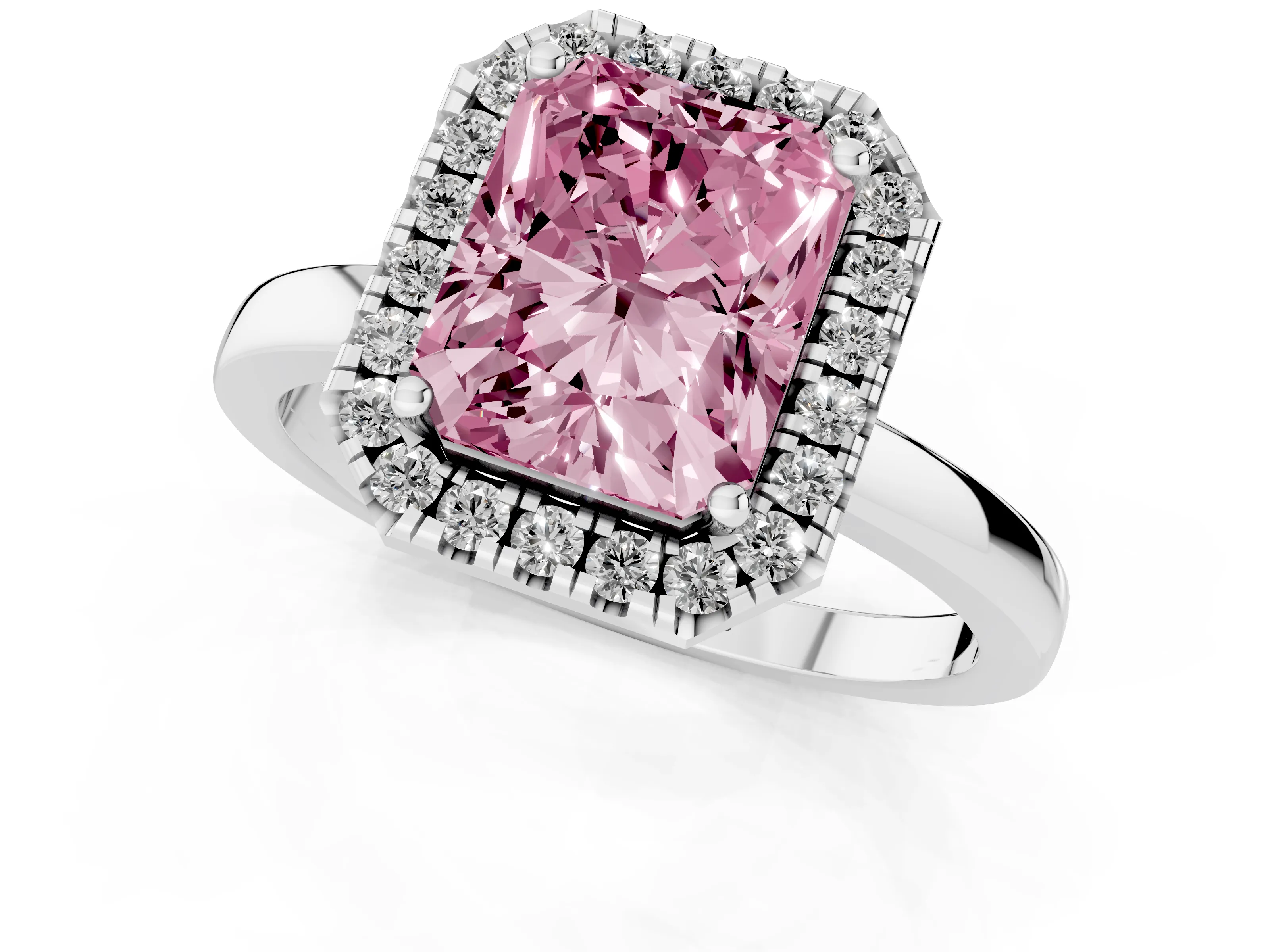 Fancy Pink Radiant Cut Diamond Halo Solitaire Ring Set in Platinum with Pavé Band and Prong Setting